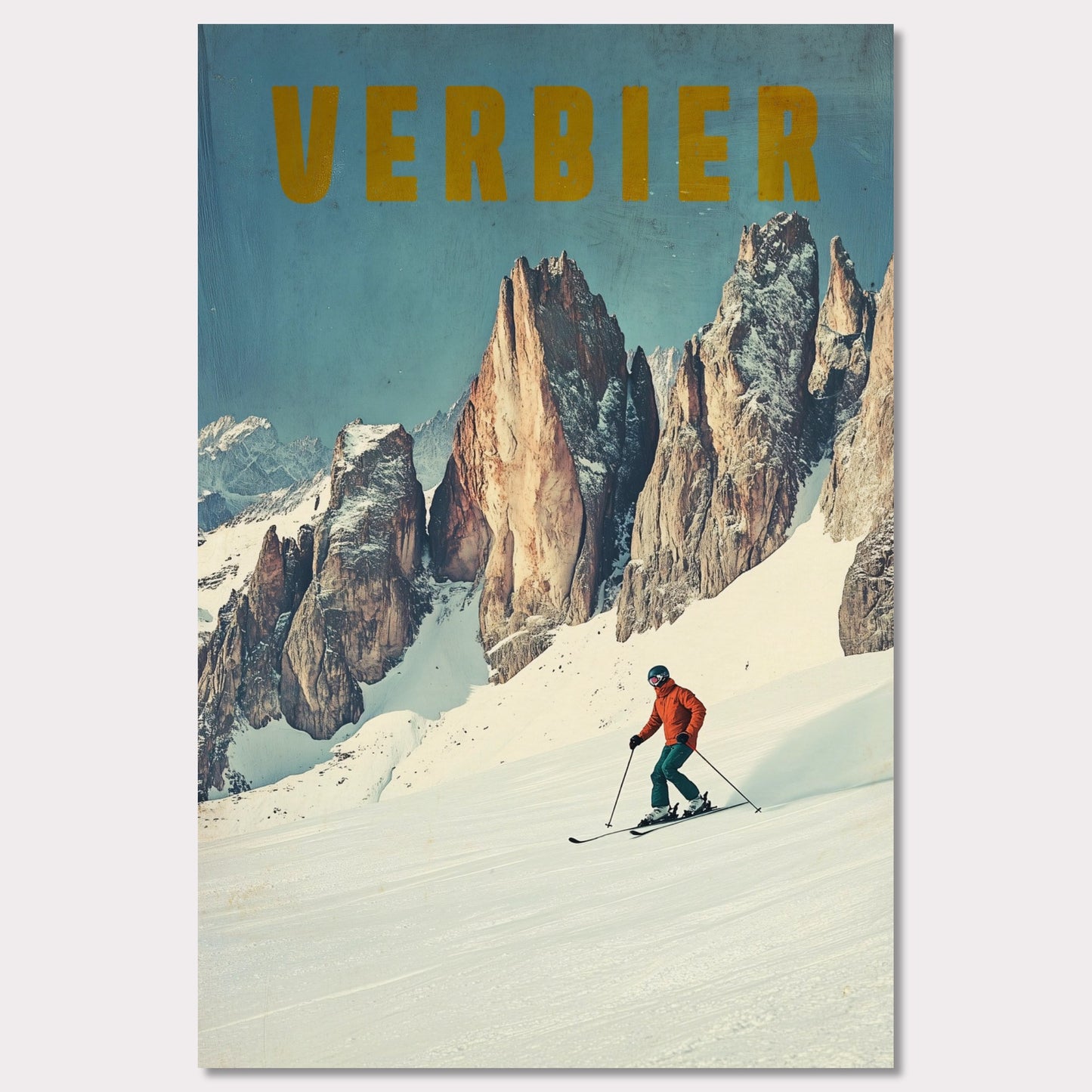 This stunning vintage poster showcases the essence of skiing in Verbier, with a lone skier carving through fresh powder beneath towering, jagged alpine peaks. The vibrant orange jacket of the skier contrasts beautifully with the crisp, snowy landscape and the rugged beauty of the mountains. The bold, retro typography reinforces the feeling of adventure and nostalgia, inviting viewers to experience the thrill of Verbier’s iconic slopes.