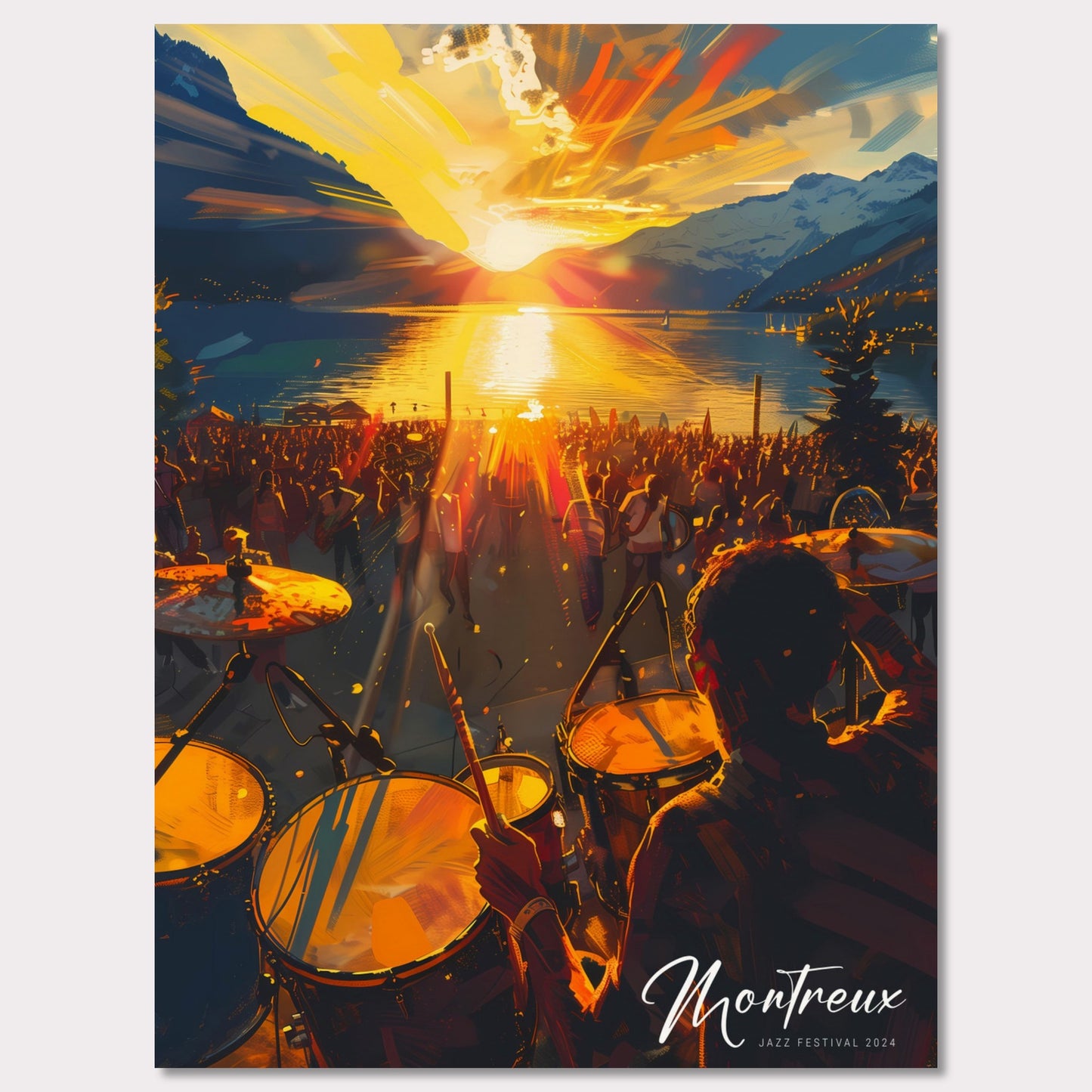 This vibrant image captures the essence of the Montreux Jazz Festival 2024. The scene is set at sunset, with a stunning view of the sun dipping below the horizon over a serene lake, surrounded by majestic mountains. A large crowd is gathered, immersed in the music, while a drummer plays energetically in the foreground.