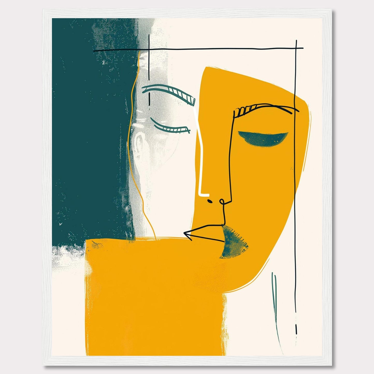 This captivating abstract art piece features a minimalist line drawing of a face, blending bold colors and simple shapes to create a striking visual impact. The artwork combines teal, mustard yellow, and white, with a black frame adding a touch of sophistication.