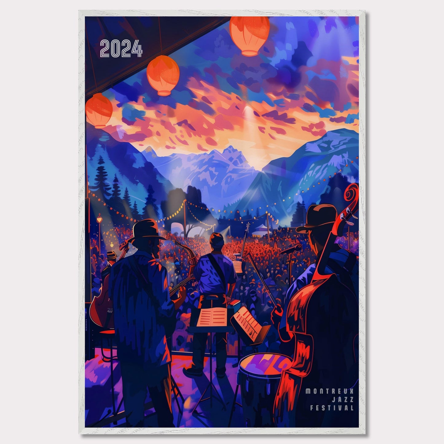 This vibrant poster depicts a lively jazz festival set against a stunning mountain backdrop. The scene is illuminated by colorful lanterns and features a band performing to a large, enthusiastic crowd. The sky is painted with dramatic hues of orange and purple, enhancing the festive atmosphere.