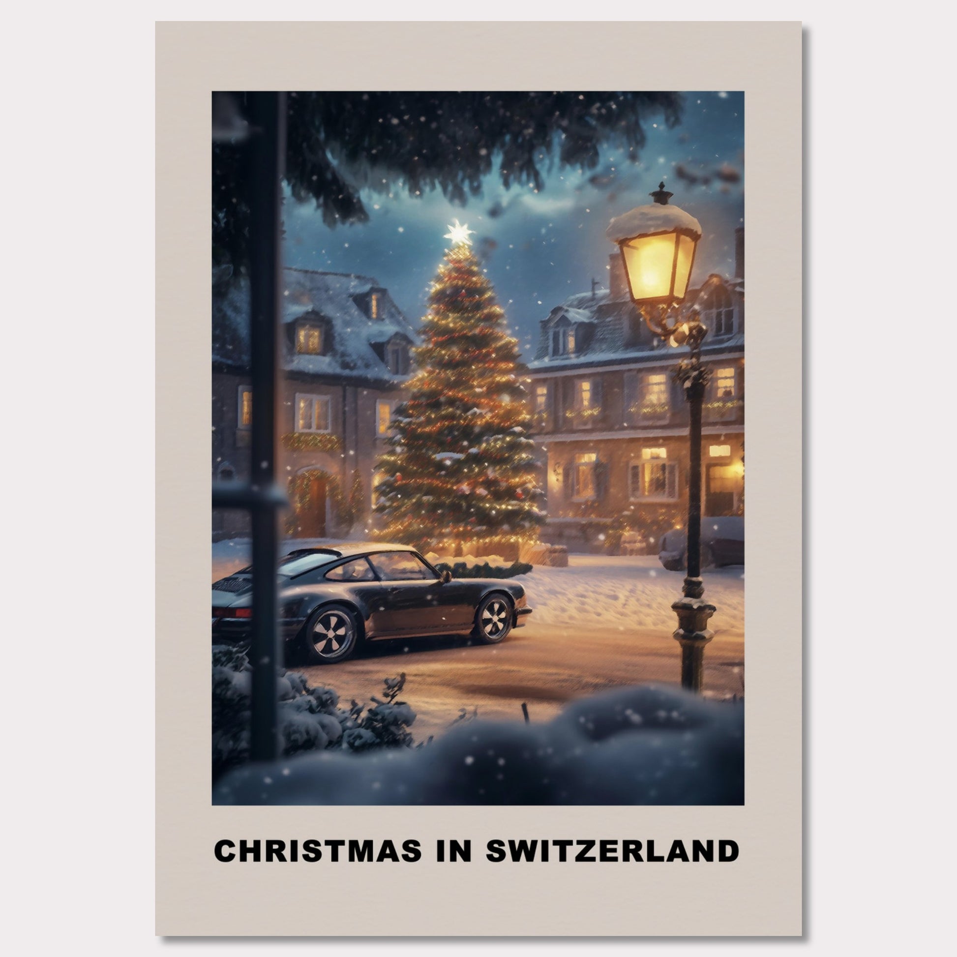 This heartwarming poster depicts a magical Swiss town square adorned with a glowing Christmas tree under a snowy evening sky. A classic vintage car adds a nostalgic charm, parked amidst festive lights and cozy, snow-covered houses. The scene invites you to experience the serene joy of a Swiss Christmas.