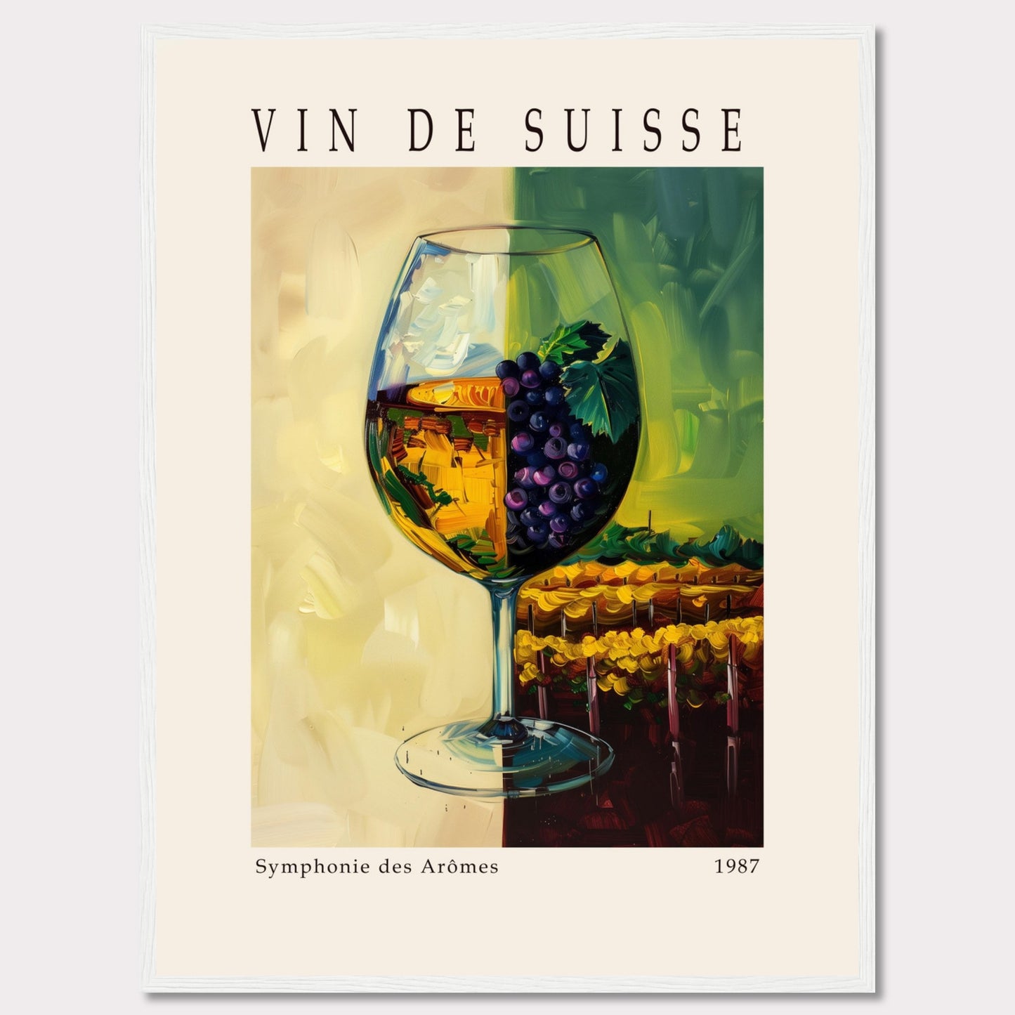 This vibrant poster showcases a wine glass filled with white wine, adorned with a cluster of purple grapes and green leaves. The background features a picturesque vineyard scene, split into two contrasting hues of yellow and green.