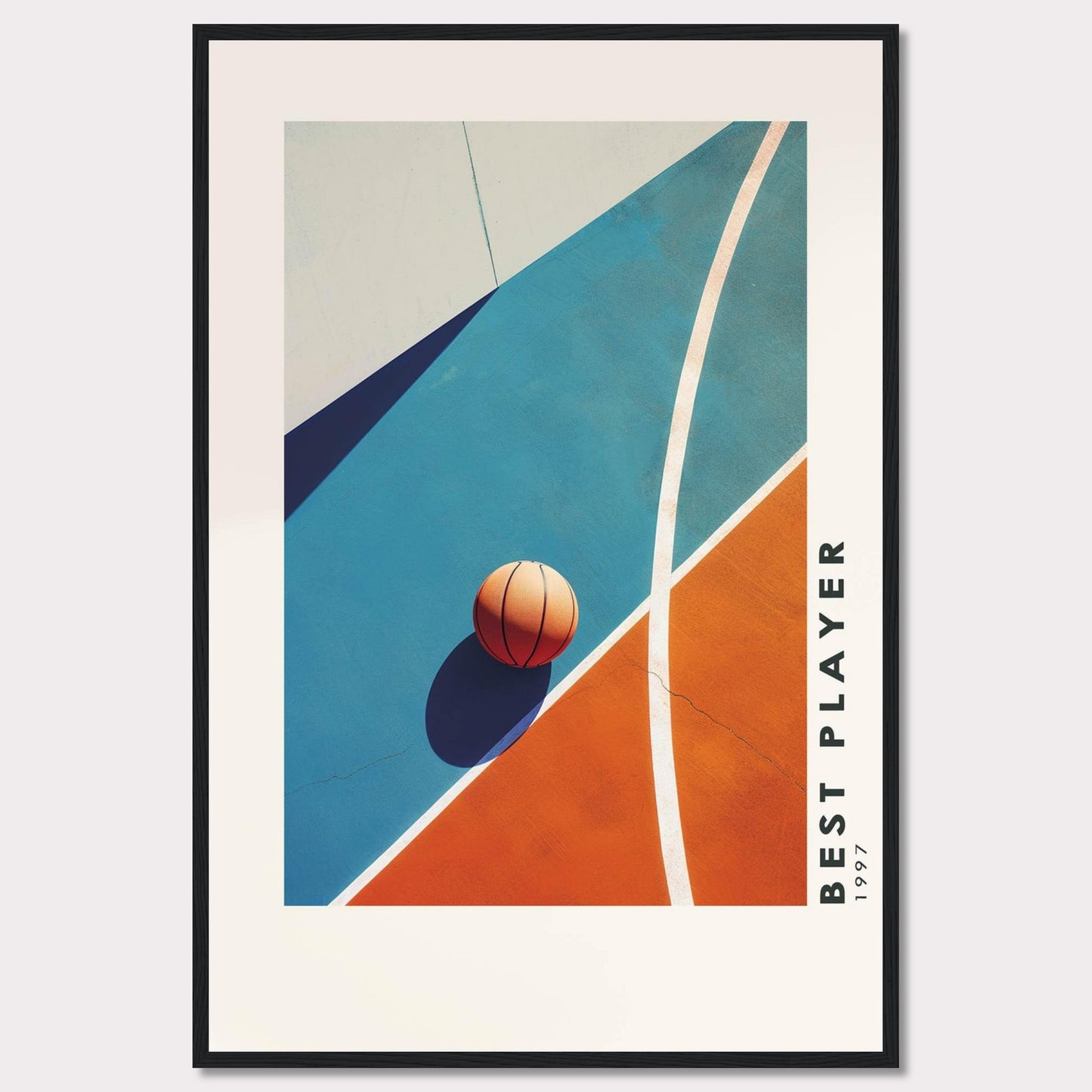 This striking poster features a basketball resting on a vibrant court, divided into bold blue and orange sections. The image is framed in black, with the text "BEST PLAYER 1997" vertically aligned on the right side.