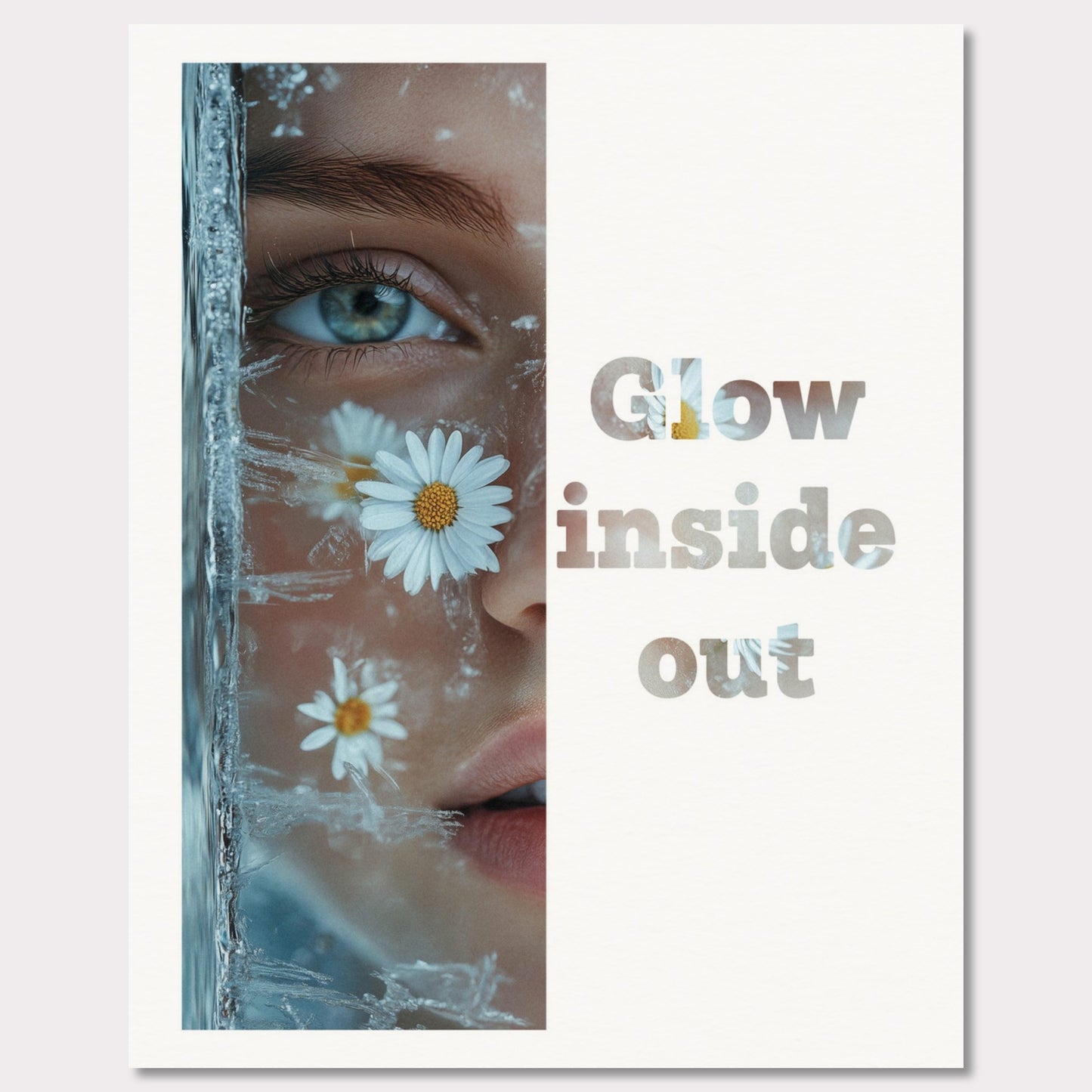 This illustration features a close-up of a person's face with daisies and ice crystals. The text "Glow inside out" is prominently displayed beside the image.

Where will this poster fit: Living room, bedroom, office, hallway, or studio.