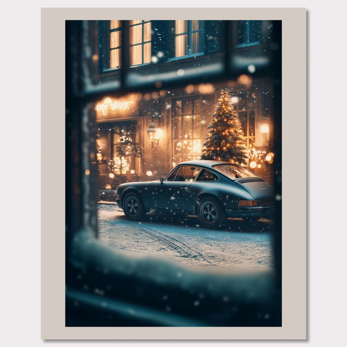 This cozy holiday poster captures a snowy Christmas evening, viewed through a frosty window. The glowing lights of a festive tree and a classic vintage car set the stage for a warm, nostalgic celebration. The snowflakes gently falling add magic to the enchanting alpine village atmosphere.