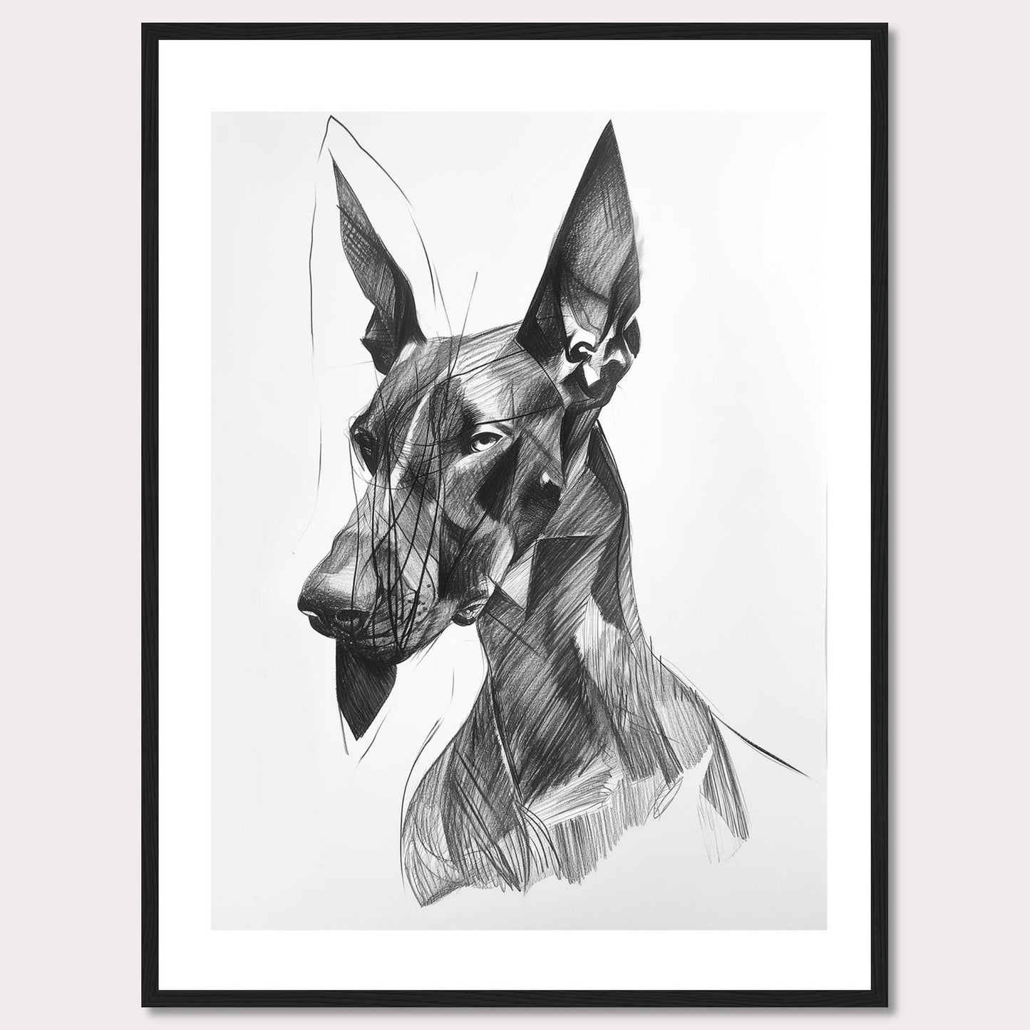 This captivating artwork features a detailed, abstract sketch of a dog, showcasing intricate lines and shading. The black and white composition highlights the dog's expressive eyes and strong features, creating a striking visual impact. The minimalist background emphasizes the subject, making it a perfect piece for modern decor.