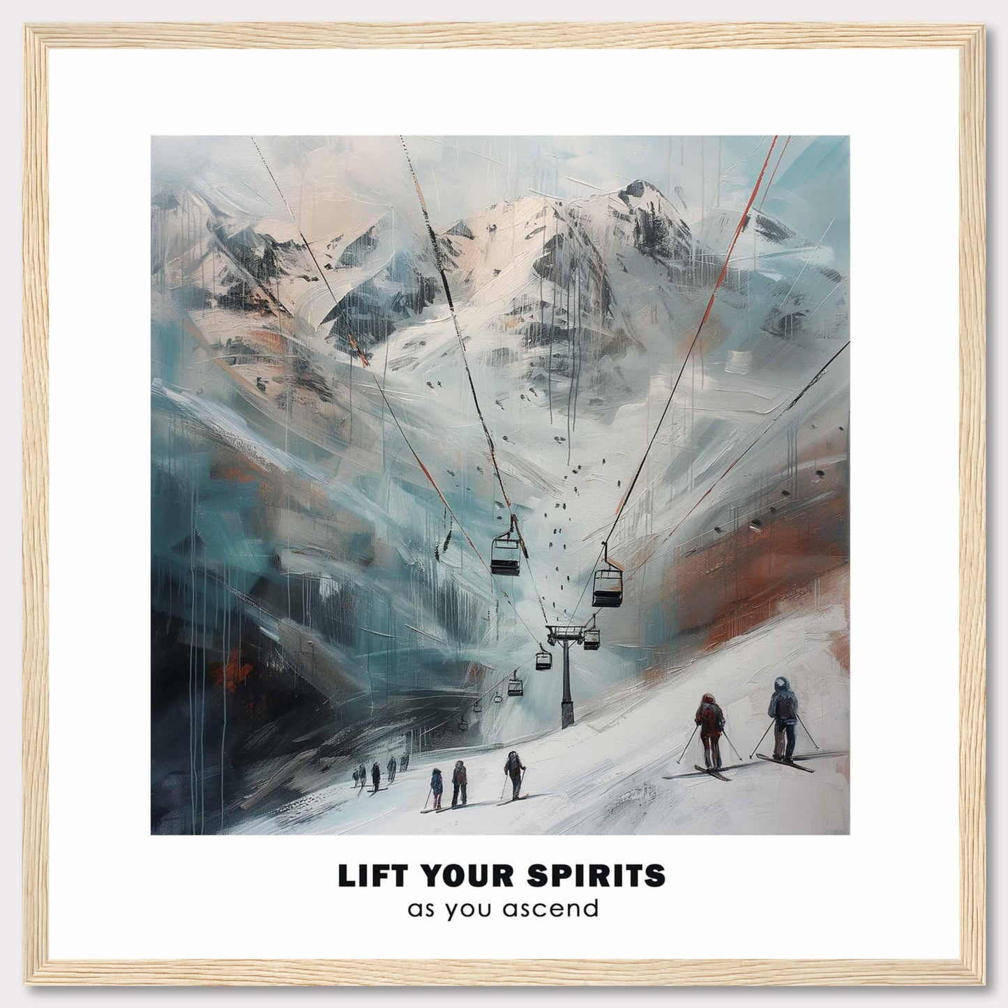 This image showcases a serene mountain landscape with ski lifts ascending towards snowy peaks. The scene features skiers at the base, ready to embark on their journey up the slopes.