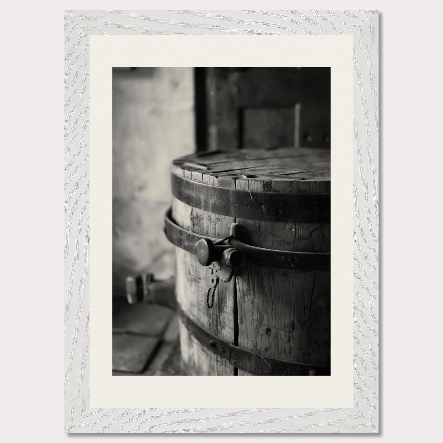 This black and white illustration depicts an old wooden barrel with metal bands, placed in a rustic setting.