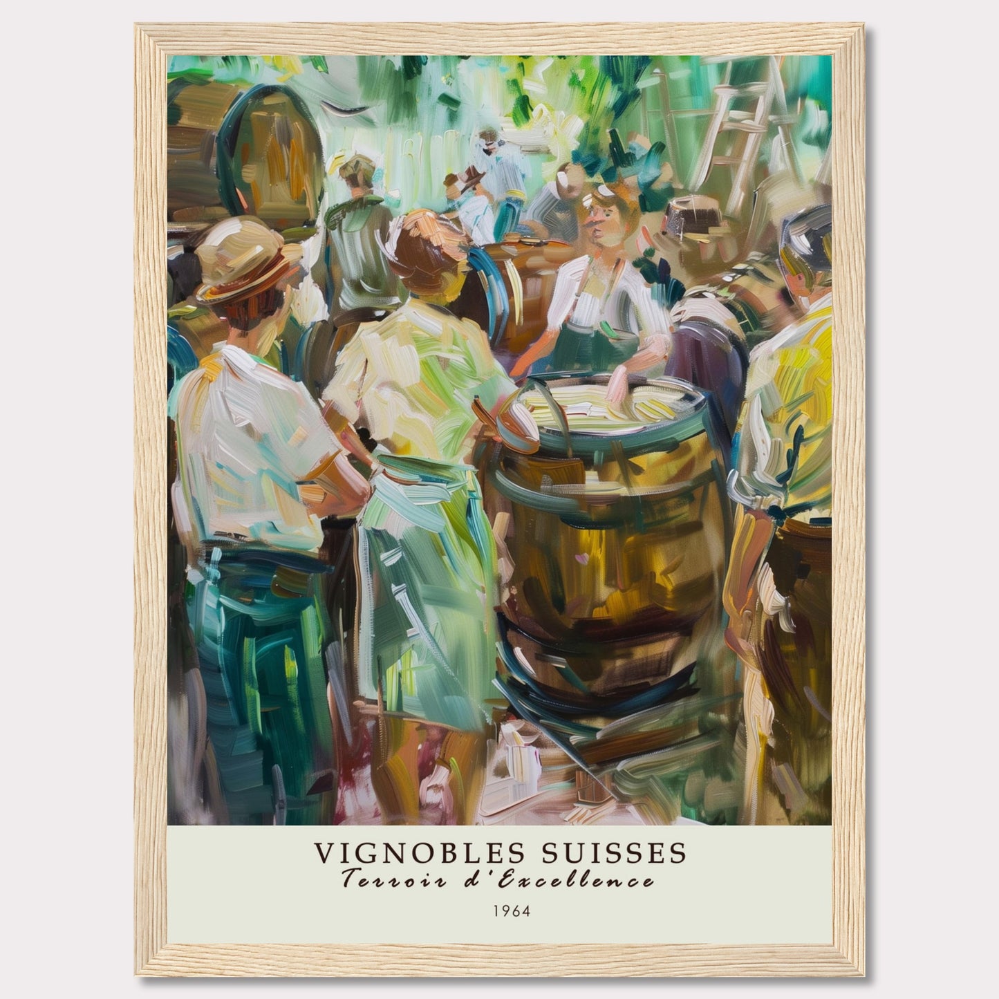 This vibrant painting captures a lively scene of people gathered around wine barrels, reflecting the rich tradition of Swiss vineyards.