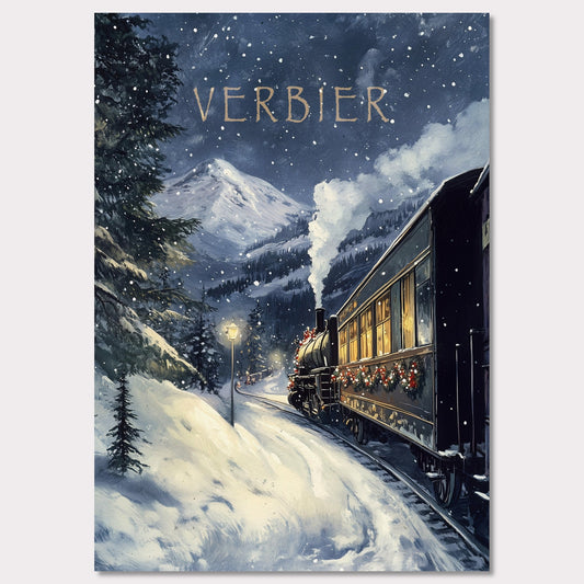 This charming, vintage-inspired poster transports you to a winter wonderland in Verbier, as a steam train adorned with festive decorations winds its way through a snowy mountain landscape. The warm glow from the train’s windows contrasts beautifully with the cool, snowy surroundings, creating a nostalgic and inviting atmosphere. The gentle snowfall and the towering mountain peaks in the background complete the serene yet adventurous feel of this picturesque winter journey.