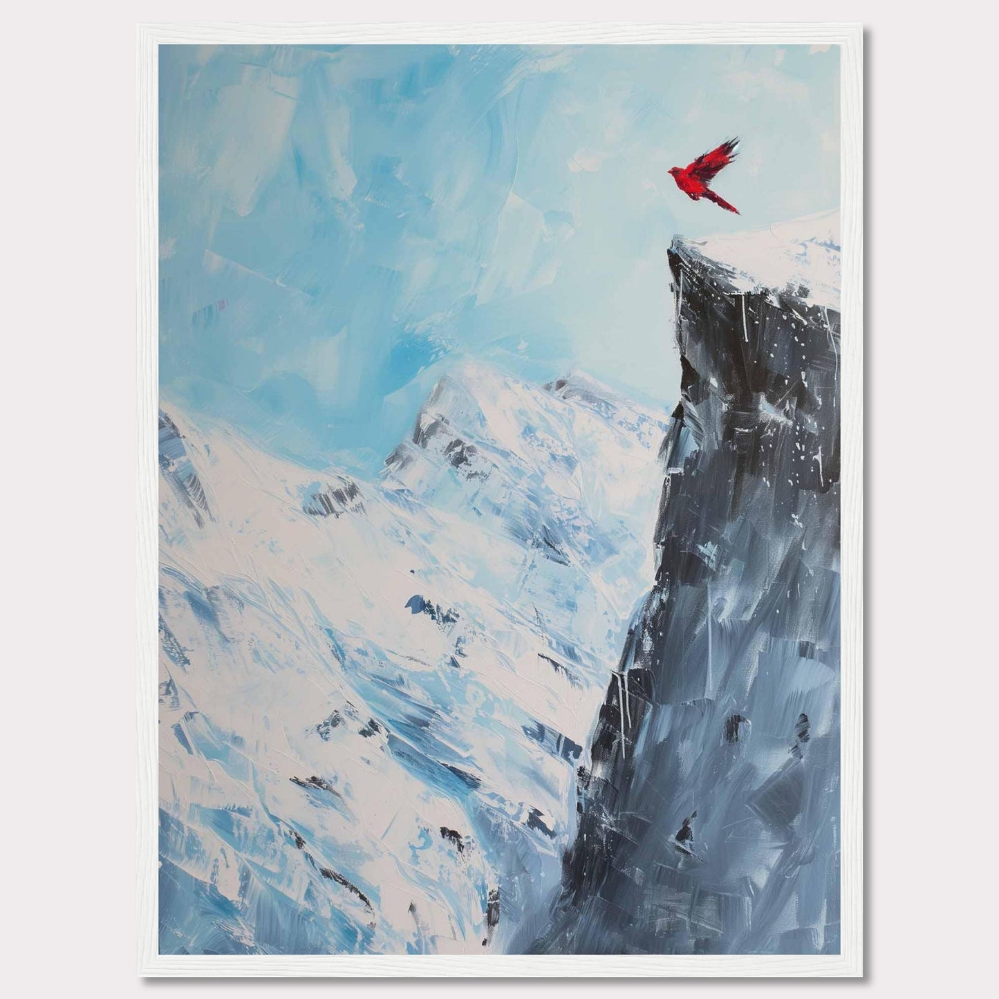 This stunning artwork captures a vibrant red bird soaring above a majestic snow-covered mountain peak, set against a serene blue sky. The contrast between the vivid bird and the icy landscape creates a striking visual impact.