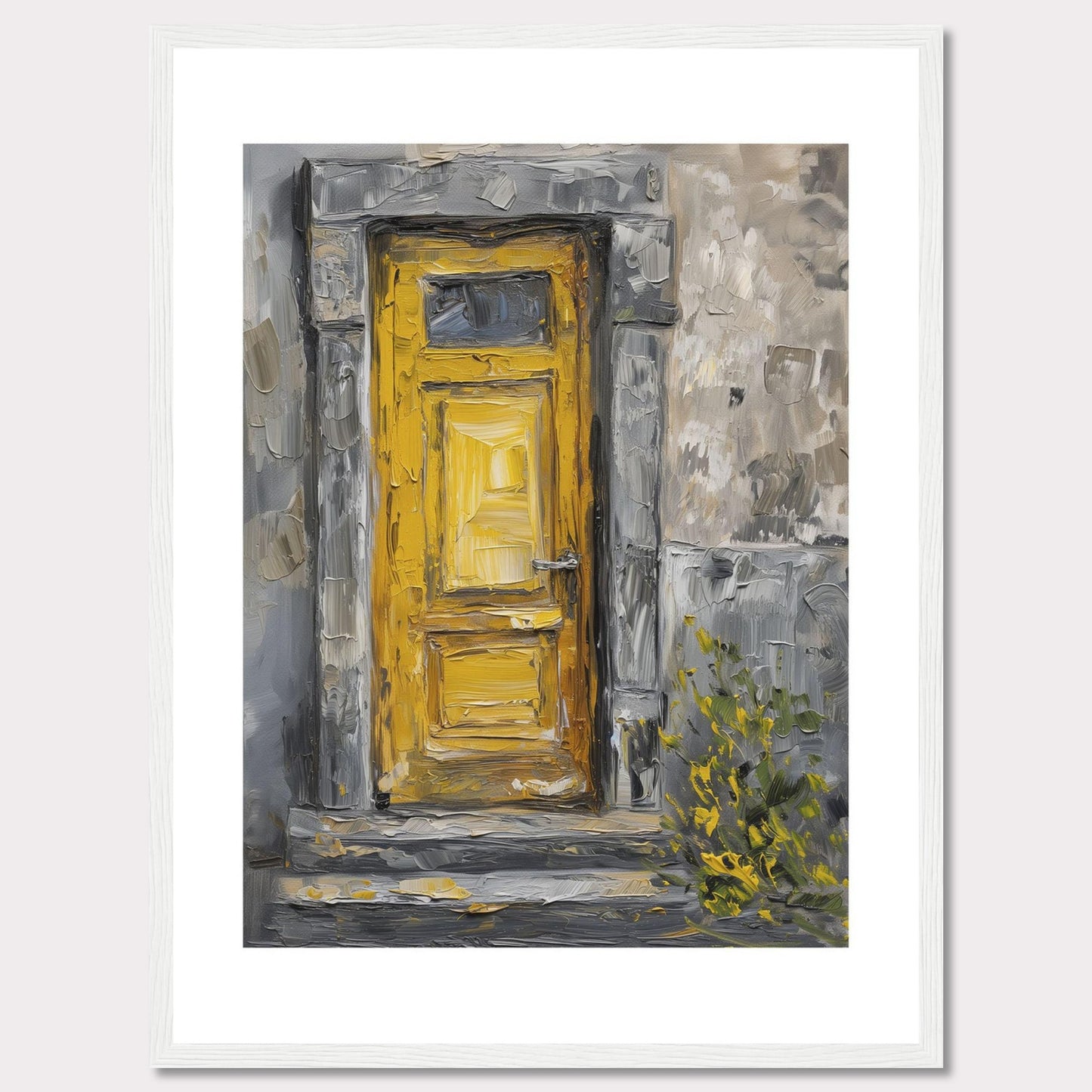 This image showcases a beautiful painting of a vibrant yellow door set within a textured, weathered stone wall. The artwork captures the rustic charm and character of an old building, with hints of greenery peeking through at the bottom right corner.