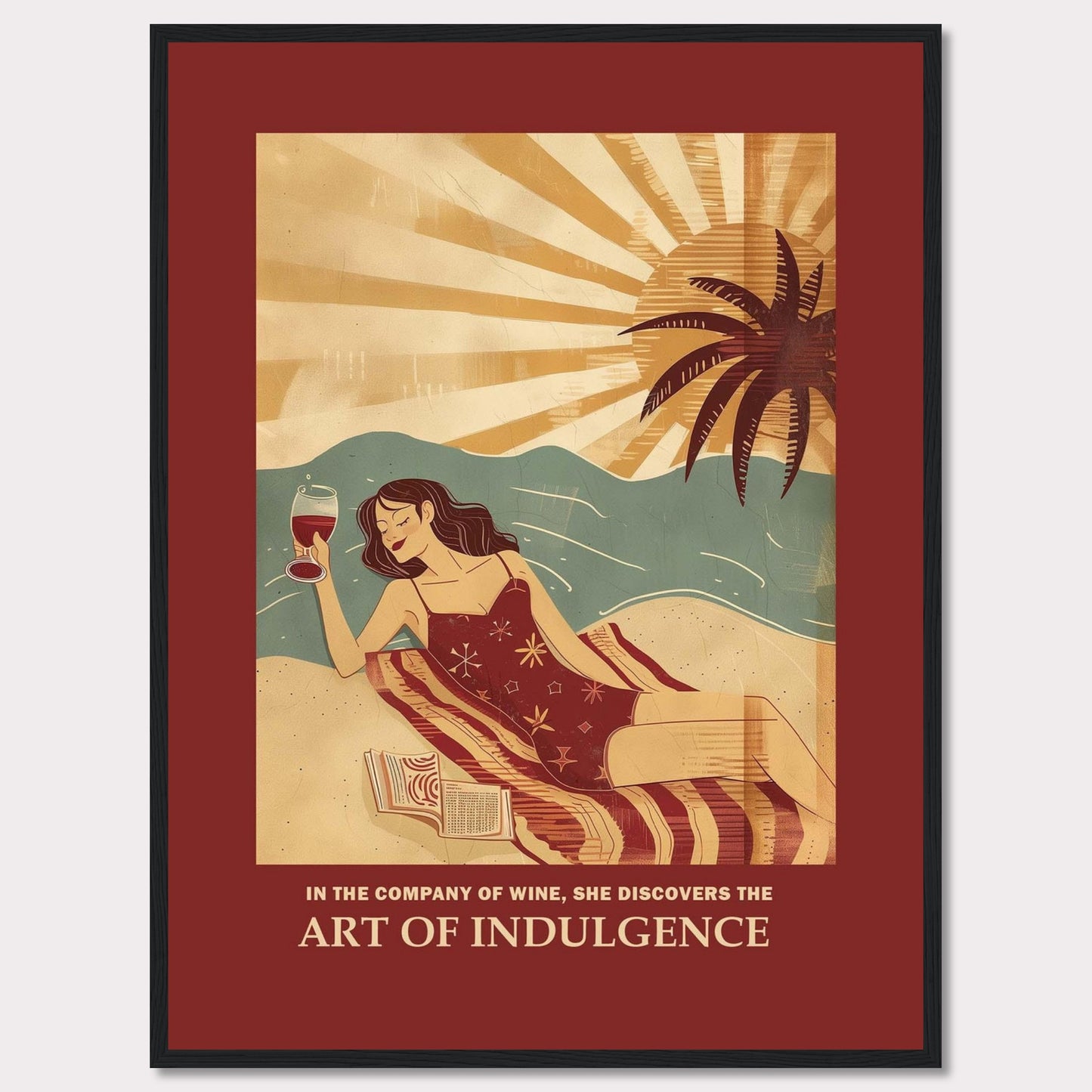 This vibrant poster features a woman relaxing on a beach with a glass of wine. The sun is setting behind a palm tree, casting warm rays over the scene. She is lying on a striped blanket with an open book beside her, embodying a moment of pure relaxation and indulgence.