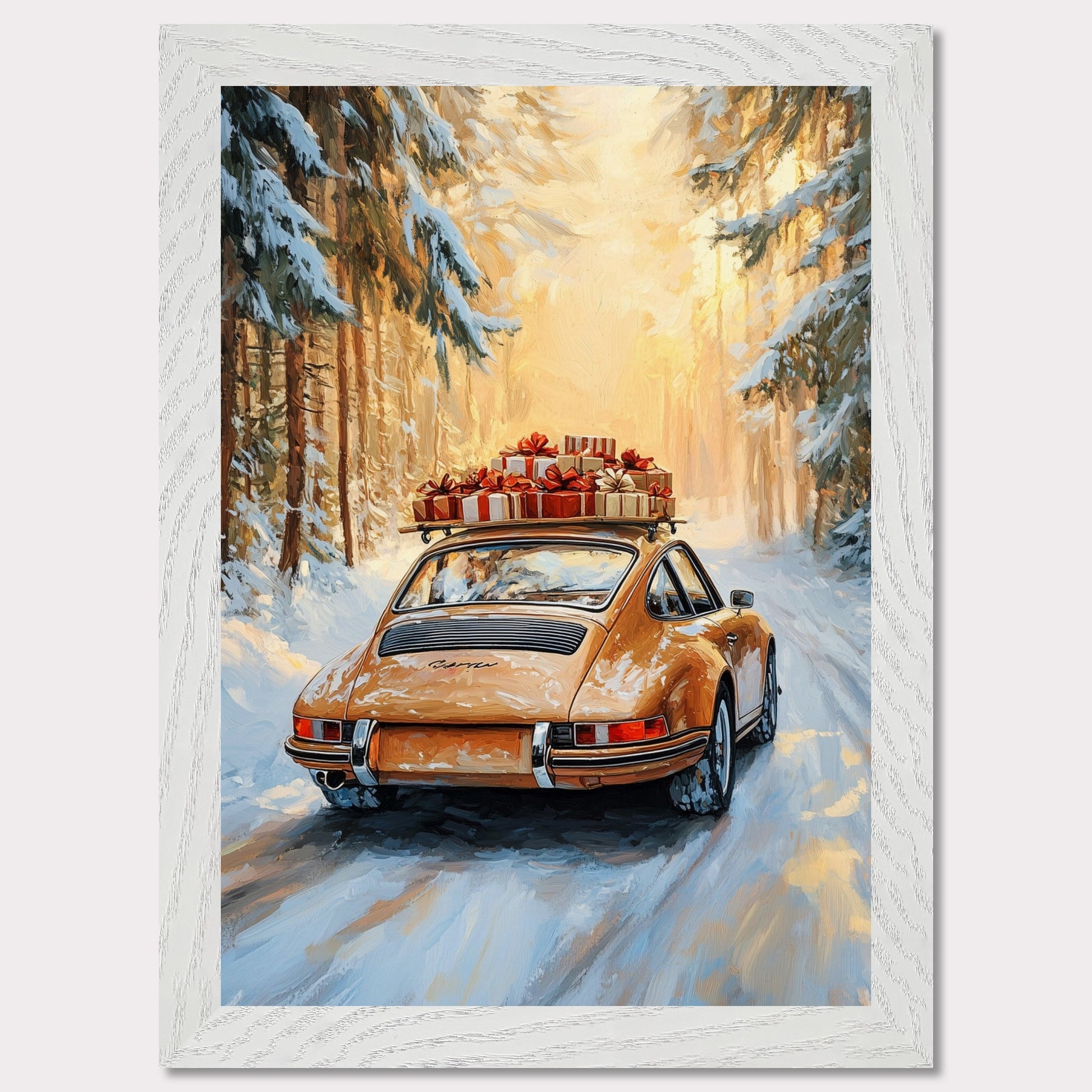 This festive poster showcases a yellow Porsche navigating a snow-covered path with holiday presents stacked on its roof. The warm glow from the trees lining the road creates a magical winter scene, while the "Merry Christmas" typography evokes the warmth and joy of the holiday season. The combination of sleek design and a peaceful winter landscape makes this a perfect holiday greeting.