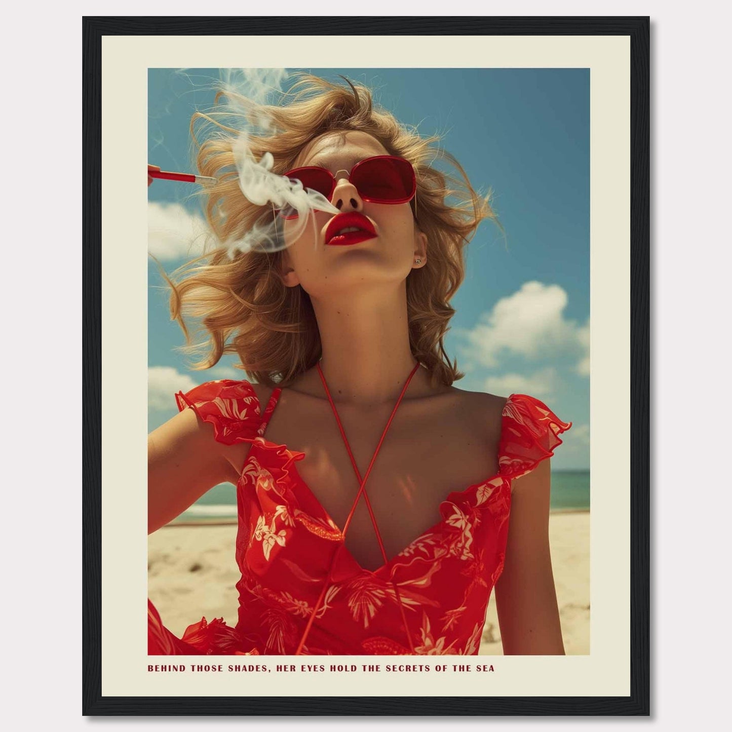 This striking image features a woman in a vibrant red dress and matching sunglasses, exuding confidence and mystery. The ocean and sky form the serene backdrop, while smoke adds an air of intrigue. The caption reads, "BEHIND THOSE SHADES, HER EYES HOLD THE SECRETS OF THE SEA."