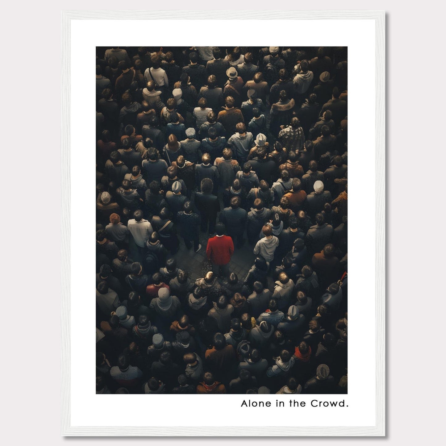 This image depicts a lone individual in a red coat standing amidst a dense crowd of people, all dressed in darker colors. The contrast highlights the feeling of isolation despite being surrounded by others.