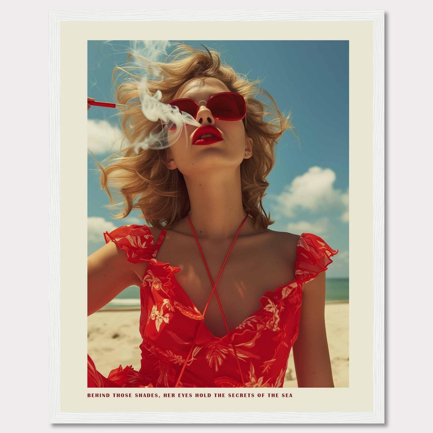 This striking image features a woman in a vibrant red dress and matching sunglasses, exuding confidence and mystery. The ocean and sky form the serene backdrop, while smoke adds an air of intrigue. The caption reads, "BEHIND THOSE SHADES, HER EYES HOLD THE SECRETS OF THE SEA."