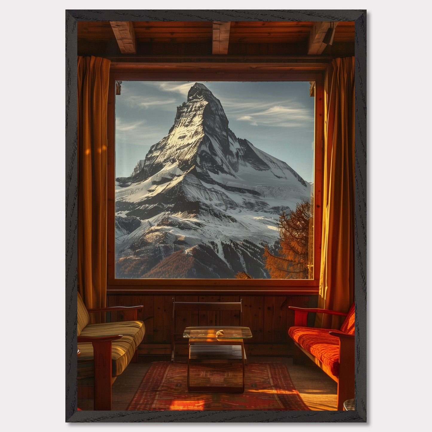 This stunning image captures a breathtaking view of a snow-capped mountain through a large window from a cozy wooden cabin. The warm interior contrasts beautifully with the majestic, cold mountain outside.