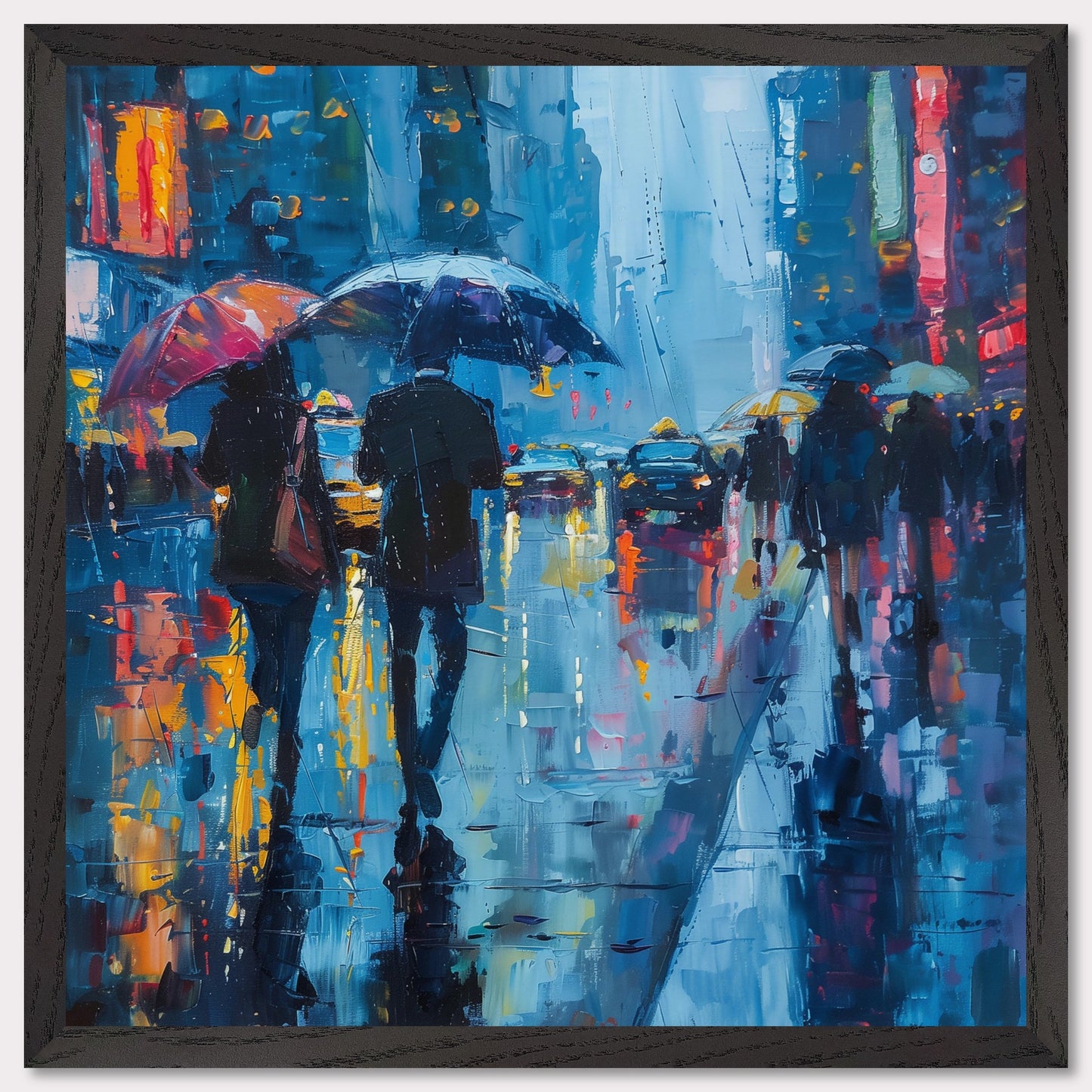 This captivating painting portrays a rainy city street bustling with people holding umbrellas. The vibrant colors and reflections on the wet pavement create a mesmerizing atmosphere.