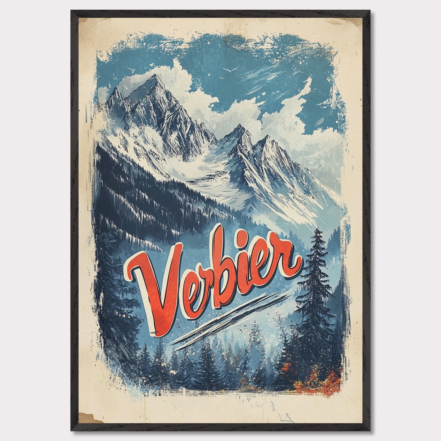 This striking vintage poster captures the breathtaking beauty of Verbier’s mountain peaks. With a bold orange and blue color palette, the image of towering snowy peaks framed by evergreen trees invites adventure and awe. The vintage typography emphasizes Verbier’s allure as a destination for both exploration and relaxation, making this an ideal representation of the Swiss Alps' majestic landscapes.