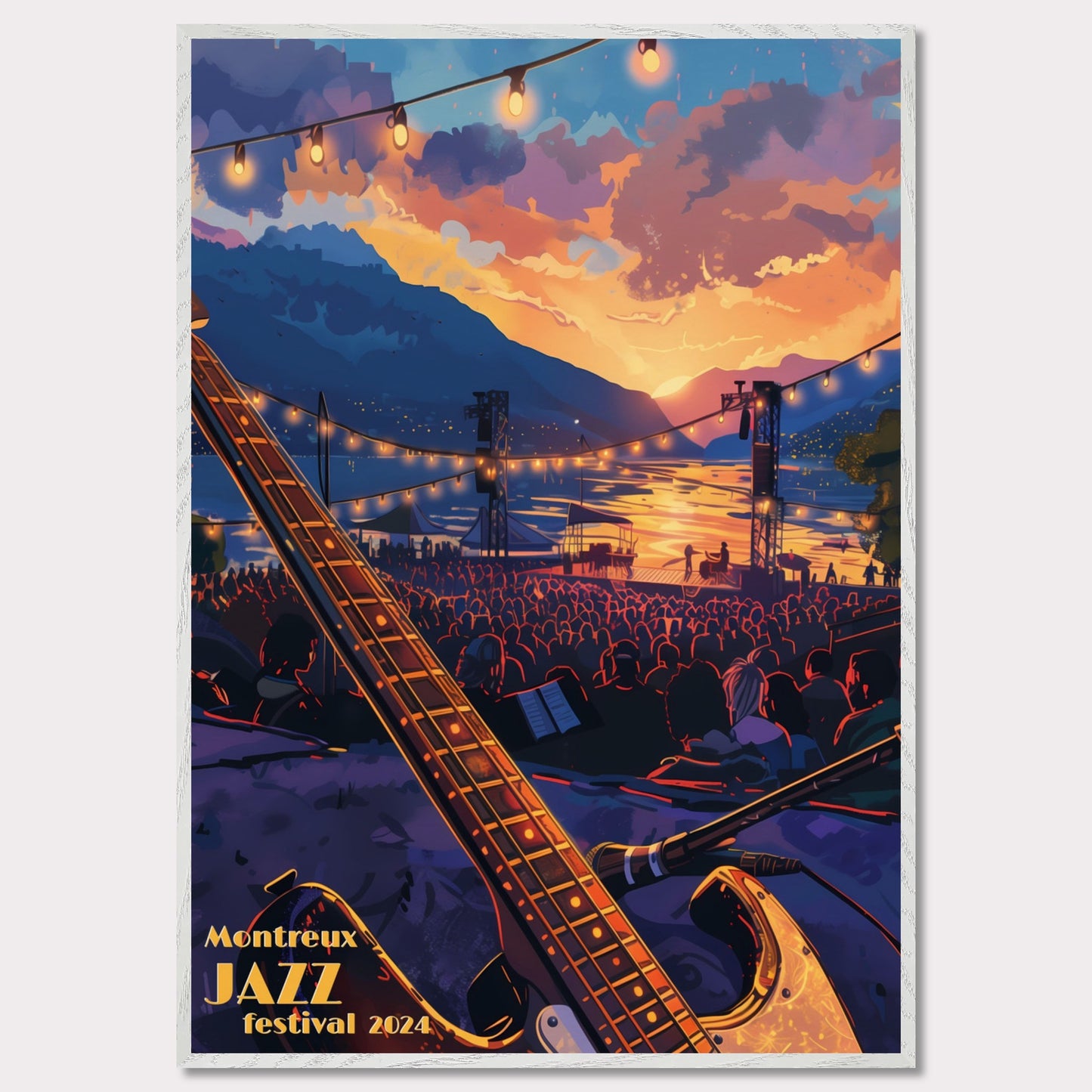 This vibrant poster captures the essence of the Montreux Jazz Festival 2024. Set against a breathtaking sunset over a serene lake, the scene is filled with an audience eagerly awaiting the performance. An electric guitar in the foreground hints at the musical magic to come, while string lights add a festive ambiance.