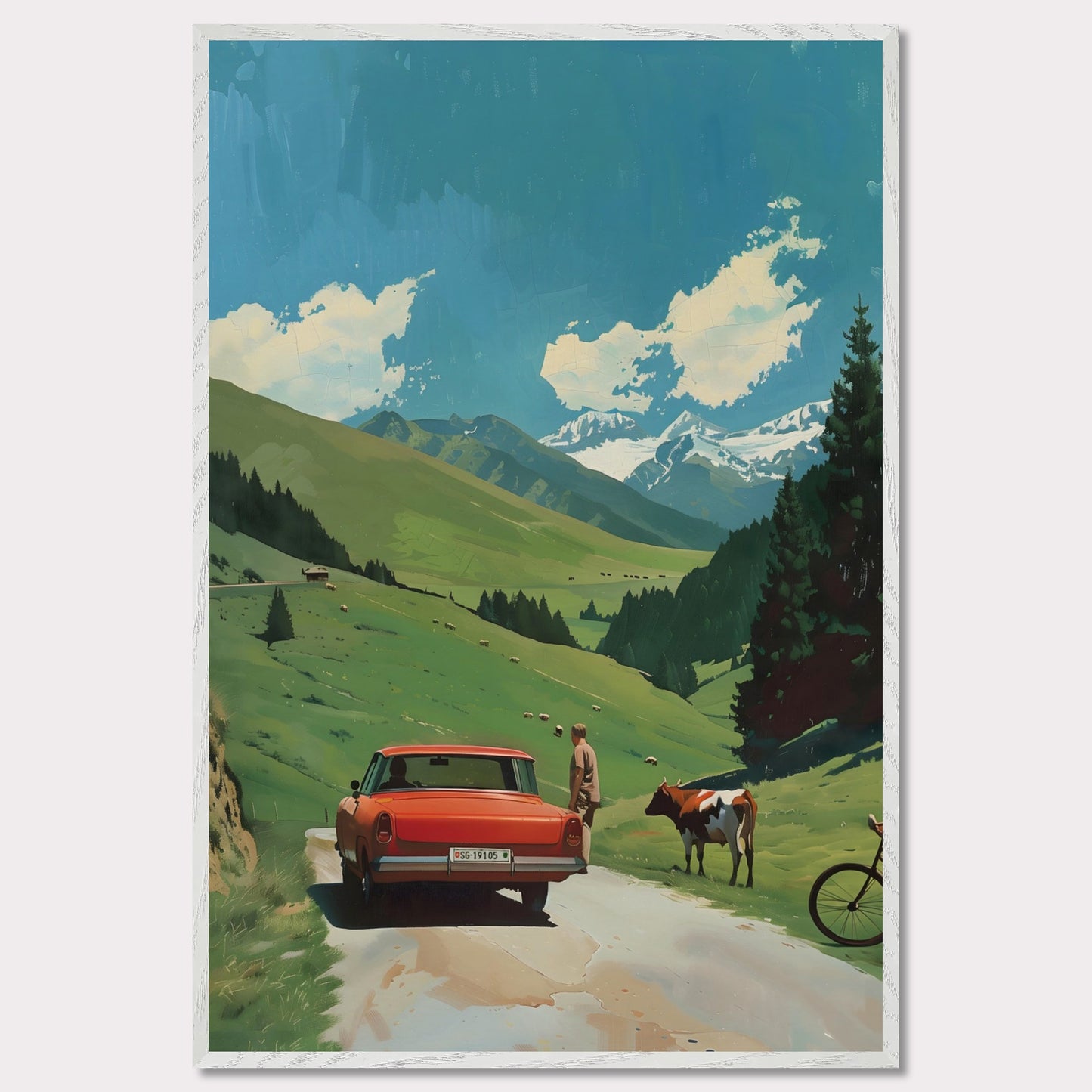 This picture depicts a serene countryside scene with a vibrant red car parked on a narrow road. A person stands beside the car, gazing at a cow that is standing nearby. The lush green hills stretch towards majestic snow-capped mountains under a bright blue sky dotted with fluffy white clouds. A bicycle rests against the tall pine trees, adding to the tranquil rural atmosphere.