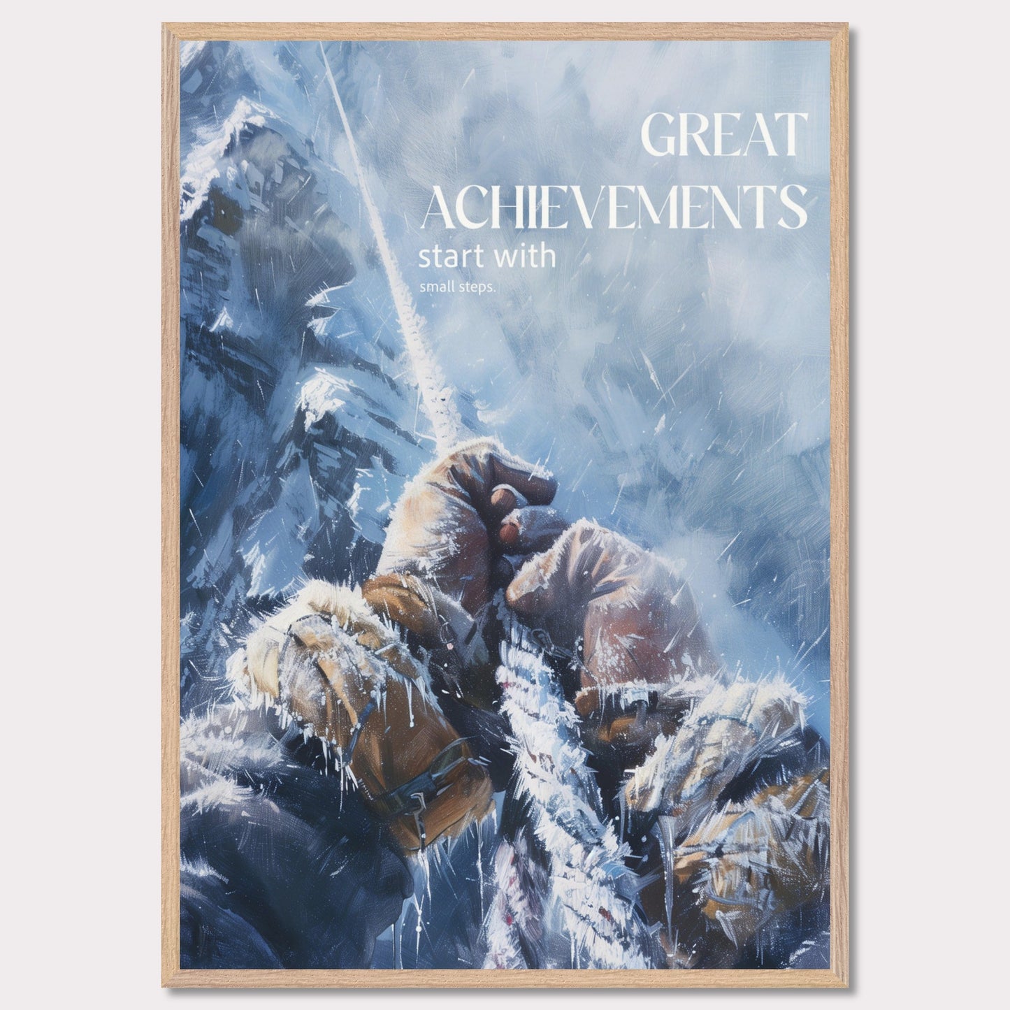 This motivational poster depicts a climber's hands gripping a rope, surrounded by a snowy and icy mountain landscape. The text on the poster reads: "GREAT ACHIEVEMENTS start with small steps."