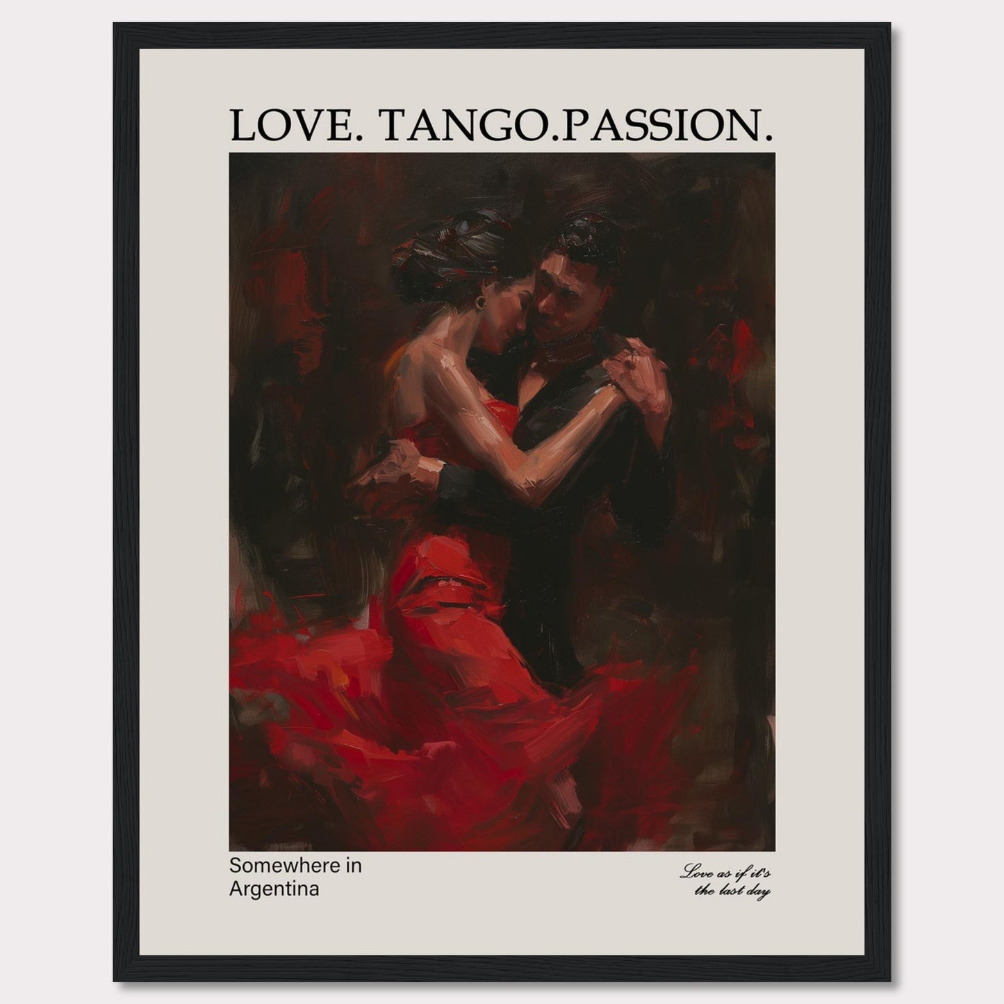 This captivating poster showcases a passionate tango dance between a couple, enveloped in deep red and black hues.