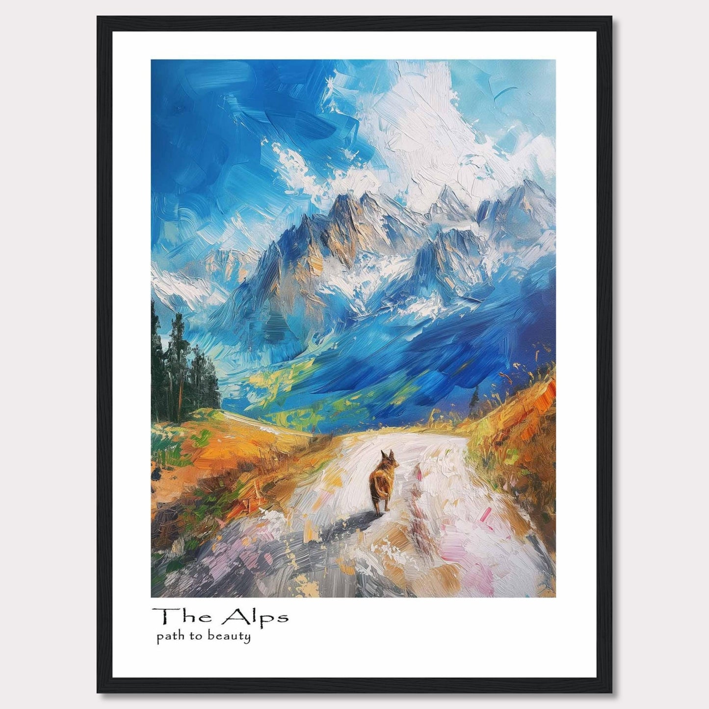 This painting captures the breathtaking beauty of the Alps with vibrant colors and dynamic brushstrokes. A lone hiker walks along a winding path, surrounded by majestic mountains under a bright blue sky.