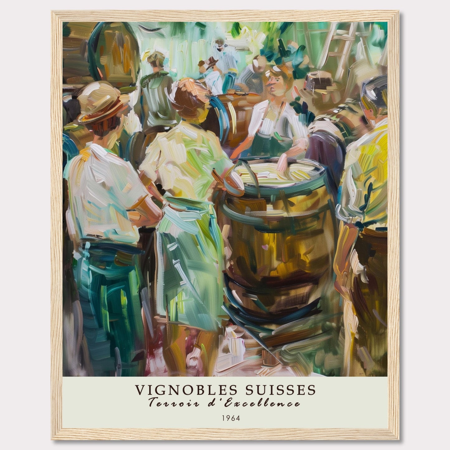 This vibrant painting captures a lively scene of people gathered around wine barrels, reflecting the rich tradition of Swiss vineyards.