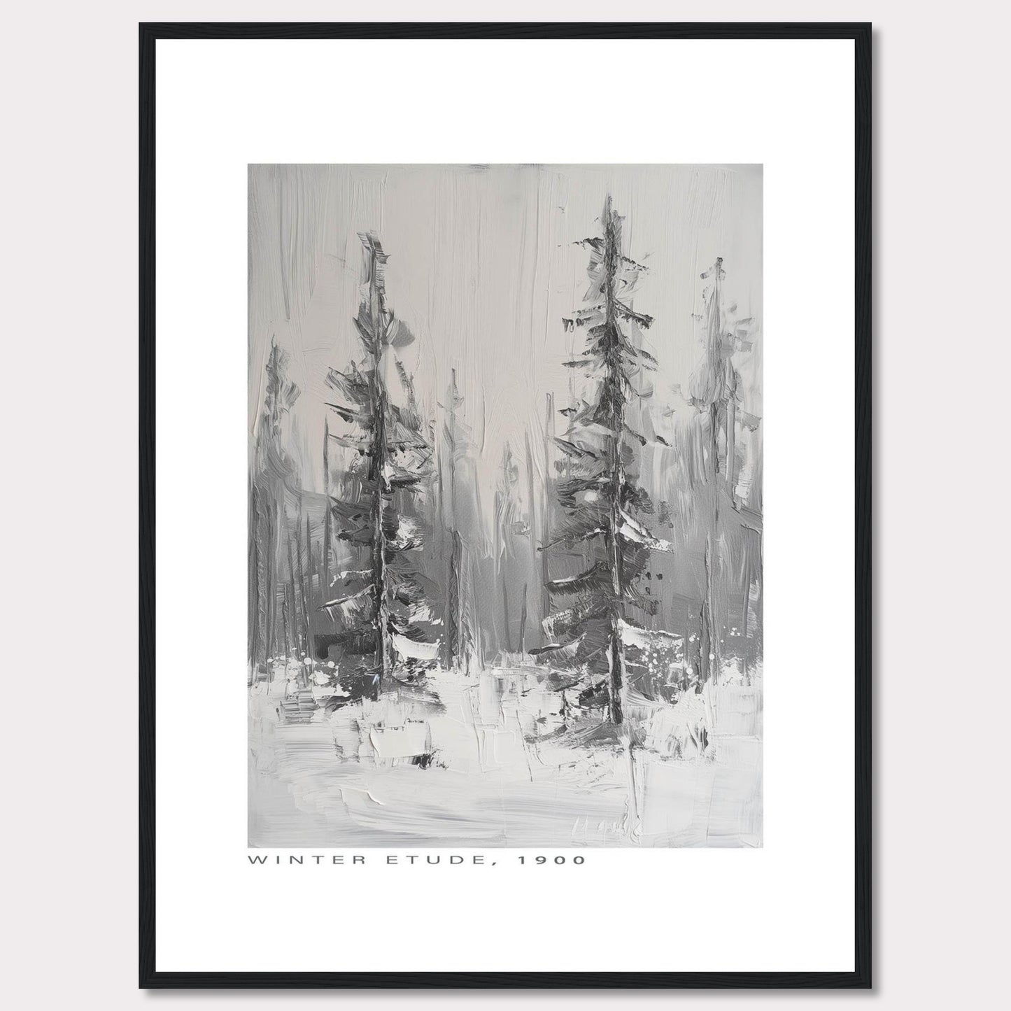 This image showcases a framed painting titled "Winter Etude, 1900". The artwork depicts a serene winter landscape with two prominent trees standing tall amidst a snowy backdrop. The painting is done in grayscale, emphasizing the cold and tranquil atmosphere of winter.