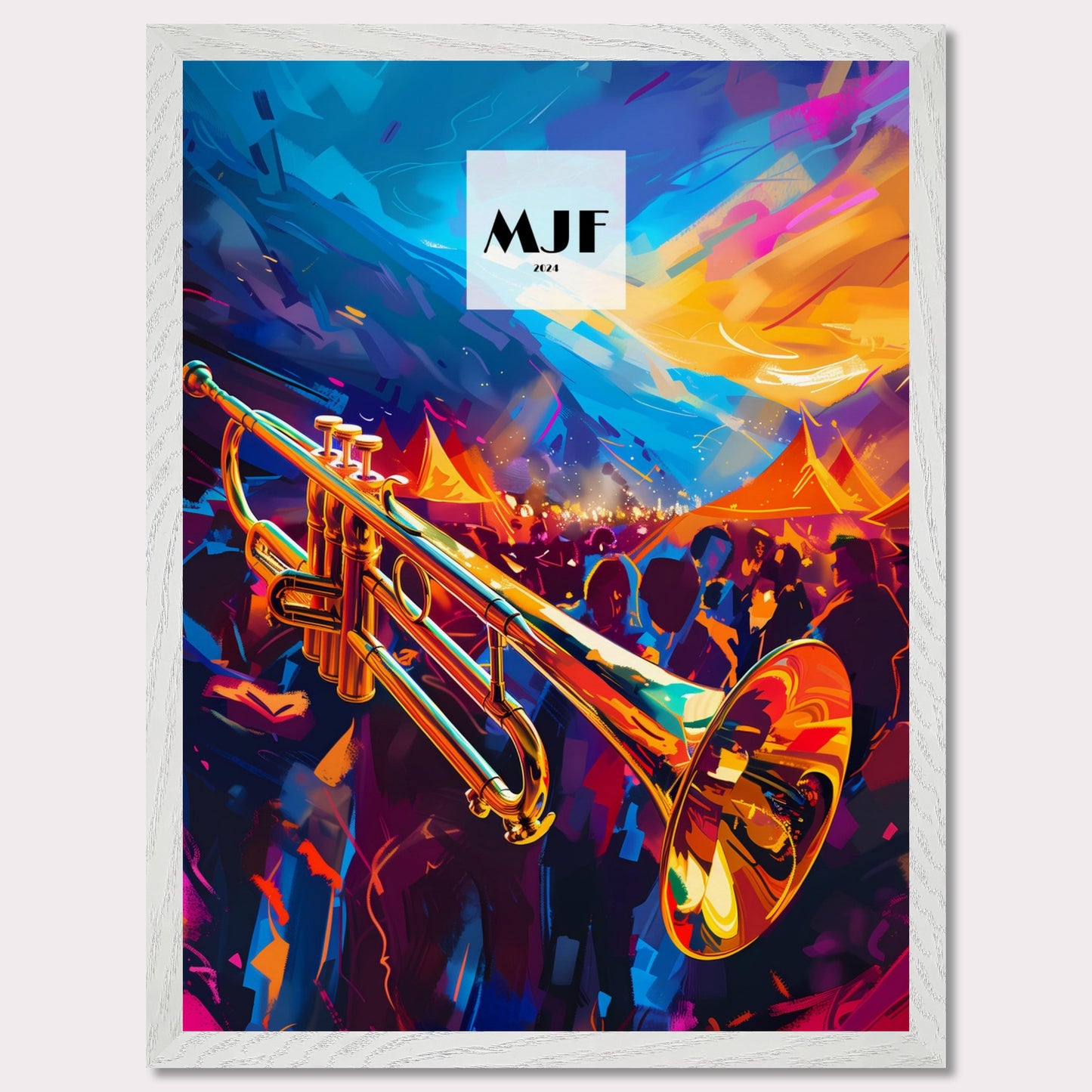 This vibrant poster captures the essence of a lively jazz festival. A gleaming trumpet takes center stage, set against a backdrop of colorful tents and an enthusiastic crowd. The sky is painted with dynamic strokes of blue and orange, adding to the energetic atmosphere.