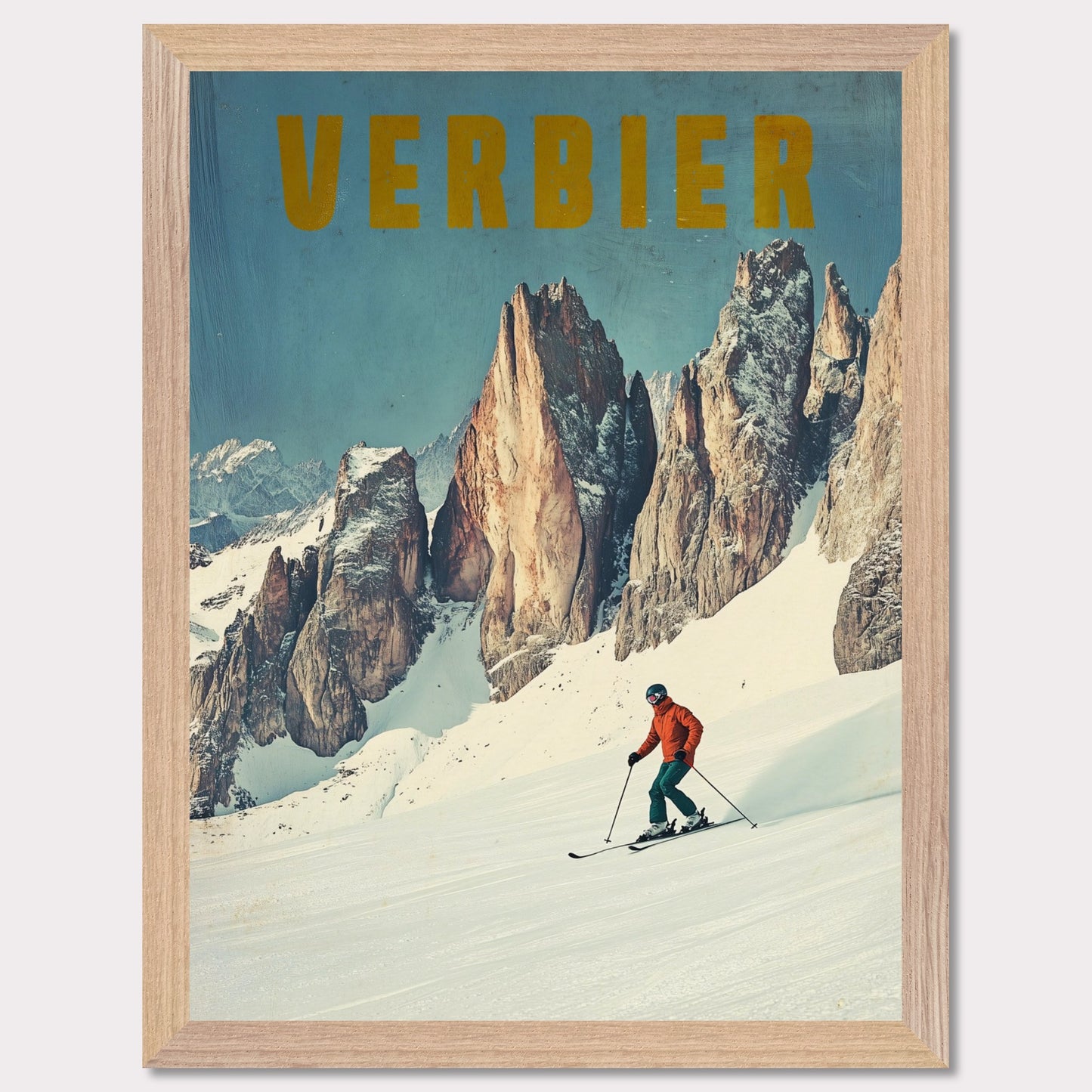 This stunning vintage poster showcases the essence of skiing in Verbier, with a lone skier carving through fresh powder beneath towering, jagged alpine peaks. The vibrant orange jacket of the skier contrasts beautifully with the crisp, snowy landscape and the rugged beauty of the mountains. The bold, retro typography reinforces the feeling of adventure and nostalgia, inviting viewers to experience the thrill of Verbier’s iconic slopes.