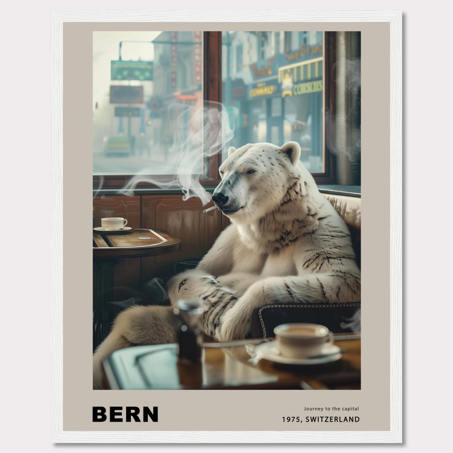 This intriguing poster features a polar bear sitting comfortably in a café, smoking a cigarette. The scene is set against a backdrop of a bustling city street, with shops and signs visible through the window. A cup of coffee sits on the table in front of the bear, adding to the relaxed atmosphere. The text at the bottom reads "BERN" with the caption "Journey to the capital, 1975, Switzerland."