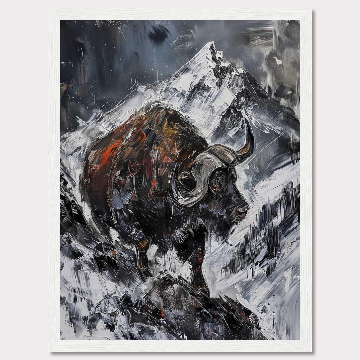 This striking painting captures the raw power of a buffalo against a dramatic mountainous backdrop. The bold brushstrokes and intense colors create a sense of movement and energy.