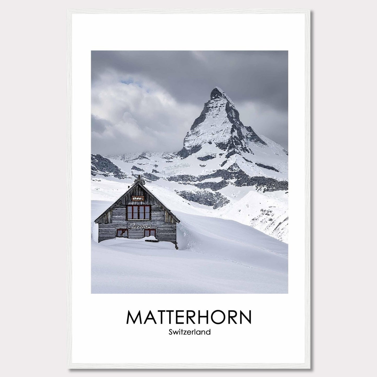 This stunning photograph captures the iconic Matterhorn in Switzerland, with a charming wooden cabin nestled in the snow-covered landscape. The majestic peak rises dramatically against a cloudy sky, creating a breathtaking scene of natural beauty.