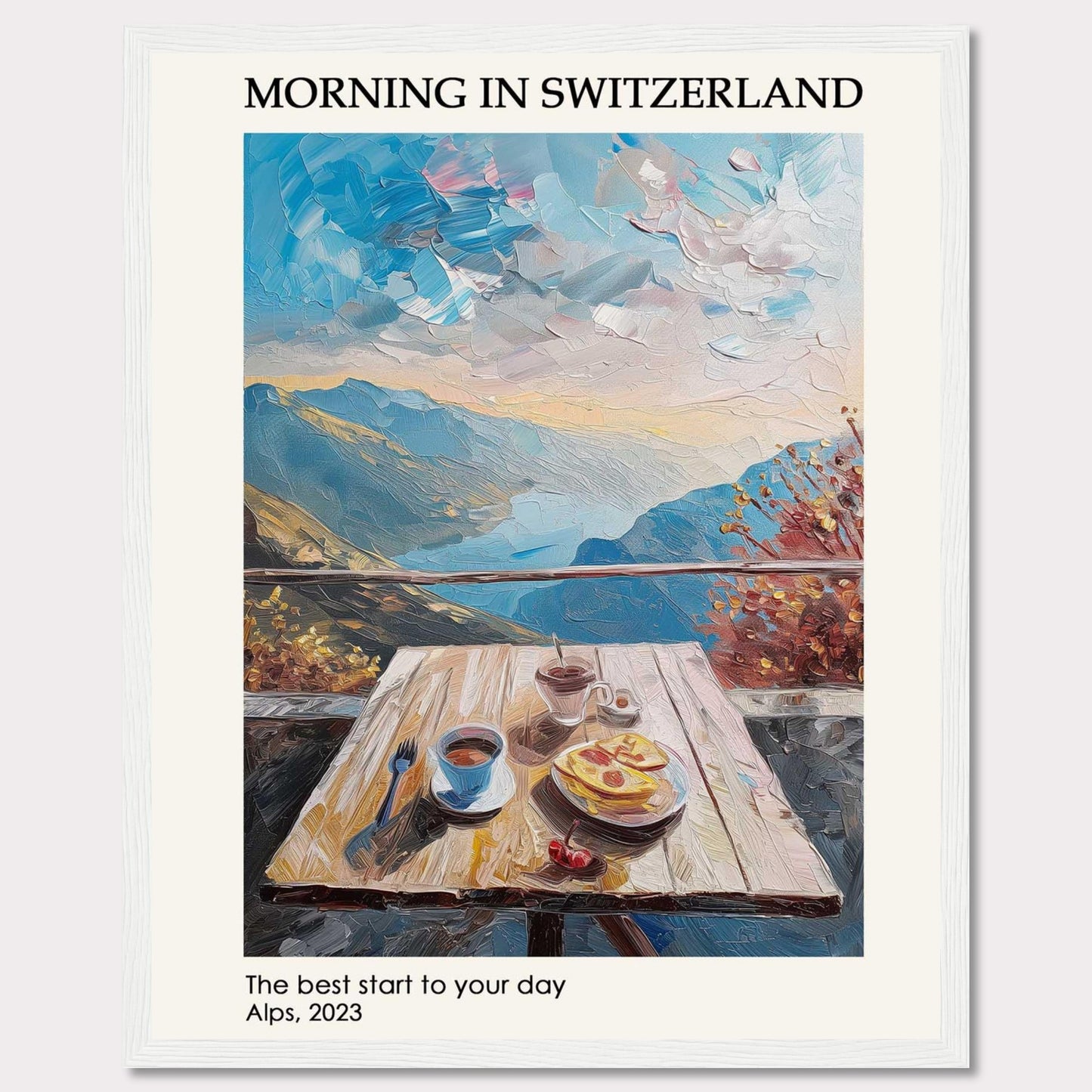 A serene morning in the Swiss Alps is depicted in this beautiful painting. The image showcases a wooden table set with a delightful breakfast, including coffee and pastries, against the backdrop of majestic mountains and a vibrant sky.