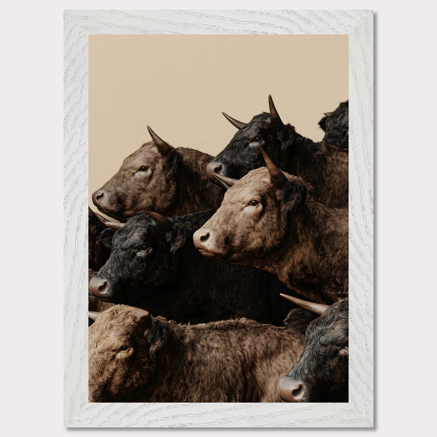 This illustration depicts a group of oxen with varying shades of brown and black fur, closely packed together against a plain beige background.

This poster will fit well in rustic or farmhouse-style interiors, animal-themed spaces, or art collections focusing on wildlife.