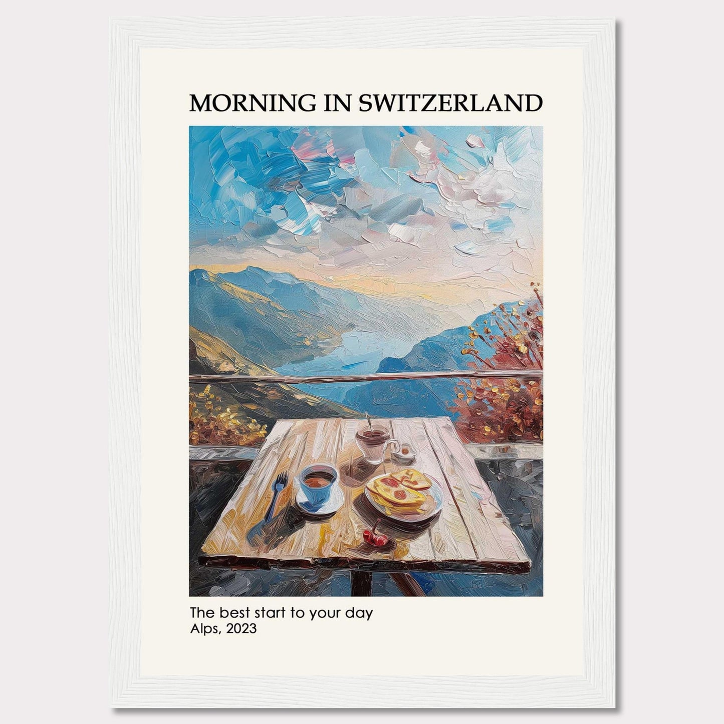 A serene morning in the Swiss Alps is depicted in this beautiful painting. The image showcases a wooden table set with a delightful breakfast, including coffee and pastries, against the backdrop of majestic mountains and a vibrant sky.