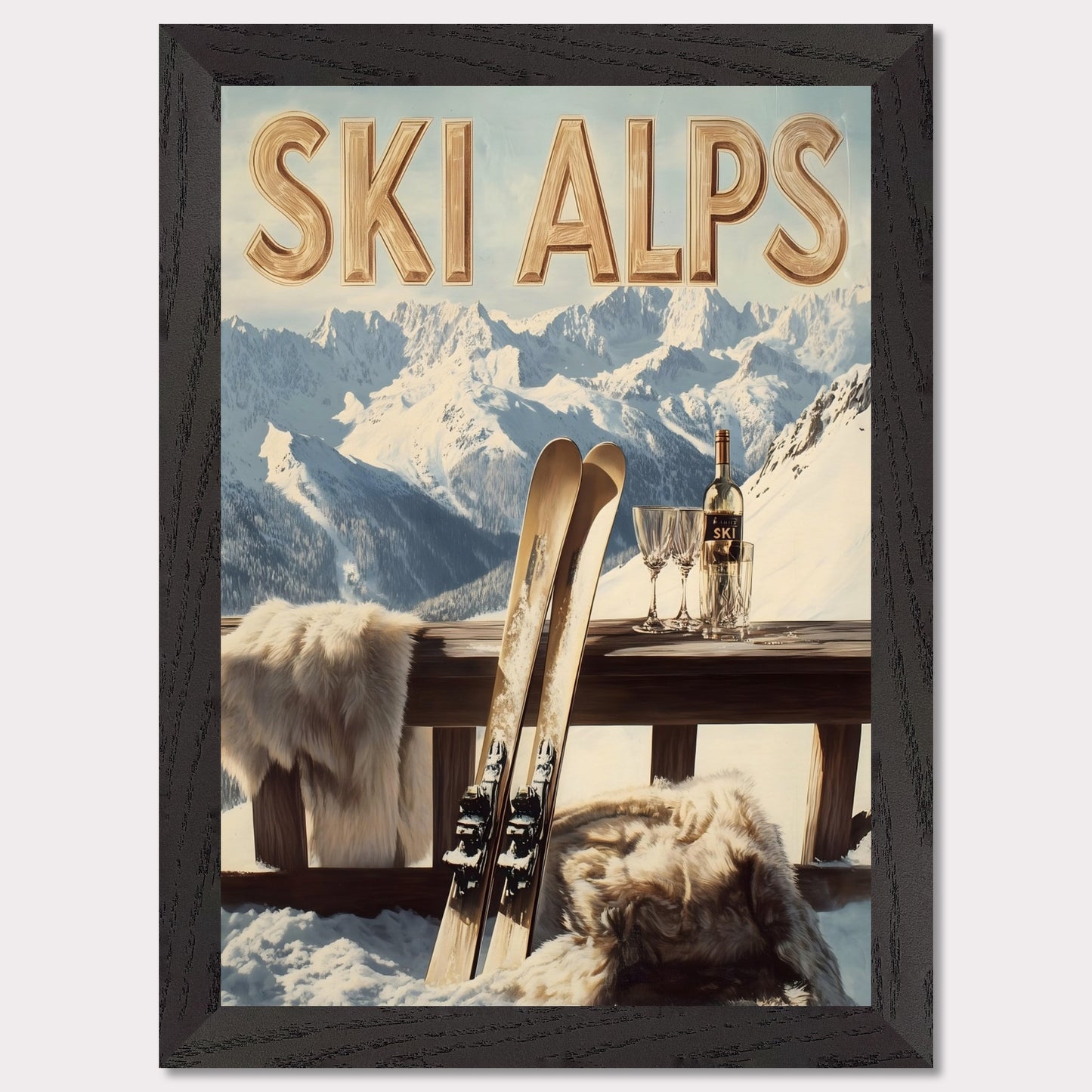 This captivating poster invites you to a serene alpine retreat, where snowy peaks stretch into the horizon. A pair of classic wooden skis leans against a rustic balcony railing, adorned with soft fur for added warmth. A bottle of fine wine and elegant glasses sit atop the table, perfectly complementing the breathtaking mountain backdrop.