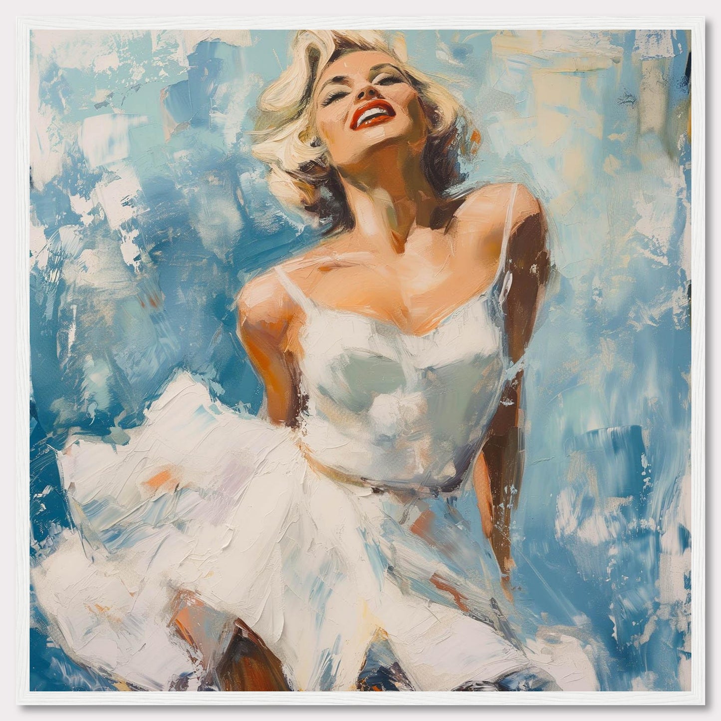 This vibrant painting captures the essence of joy and elegance, featuring a woman in a flowing white dress against a dynamic blue background. The bold brushstrokes and vivid colors evoke a sense of movement and freedom.