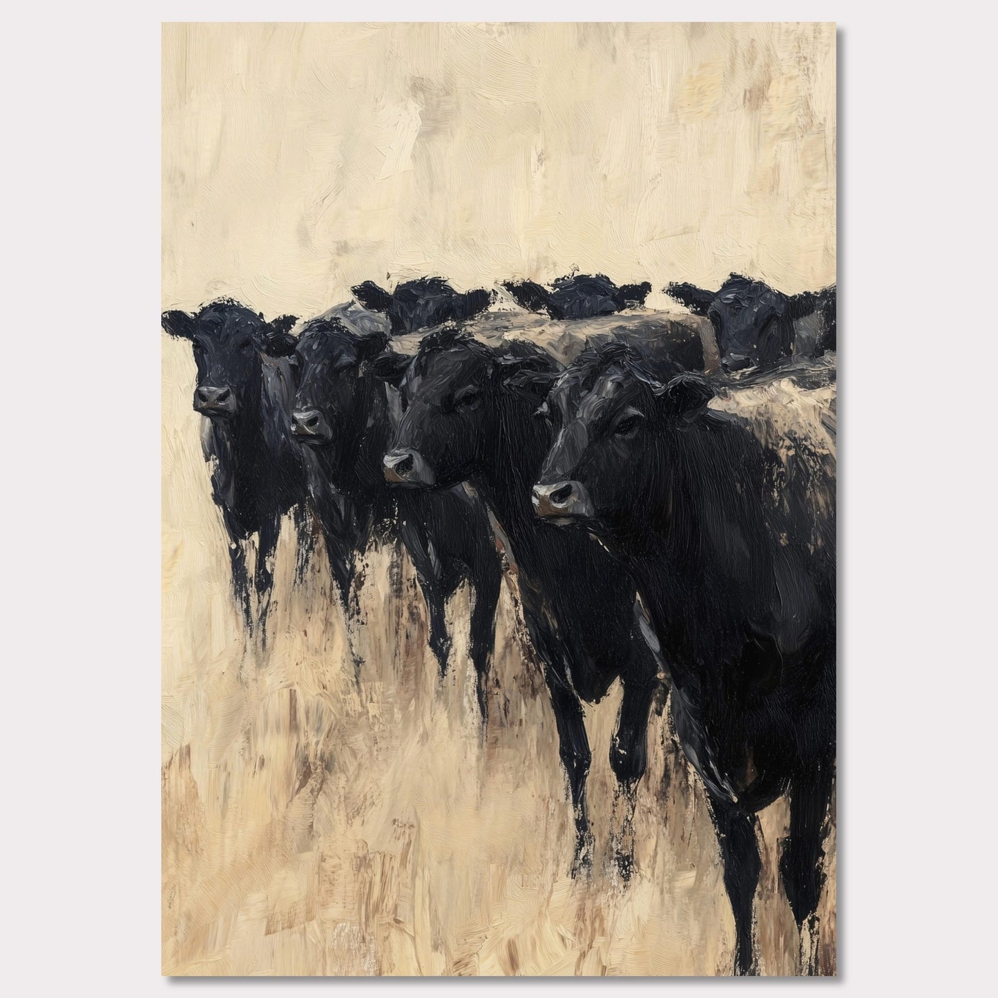 This captivating painting depicts a group of black cows standing together, evoking a sense of unity and strength. The textured brushstrokes and neutral background create a striking contrast, highlighting the animals' dark forms.