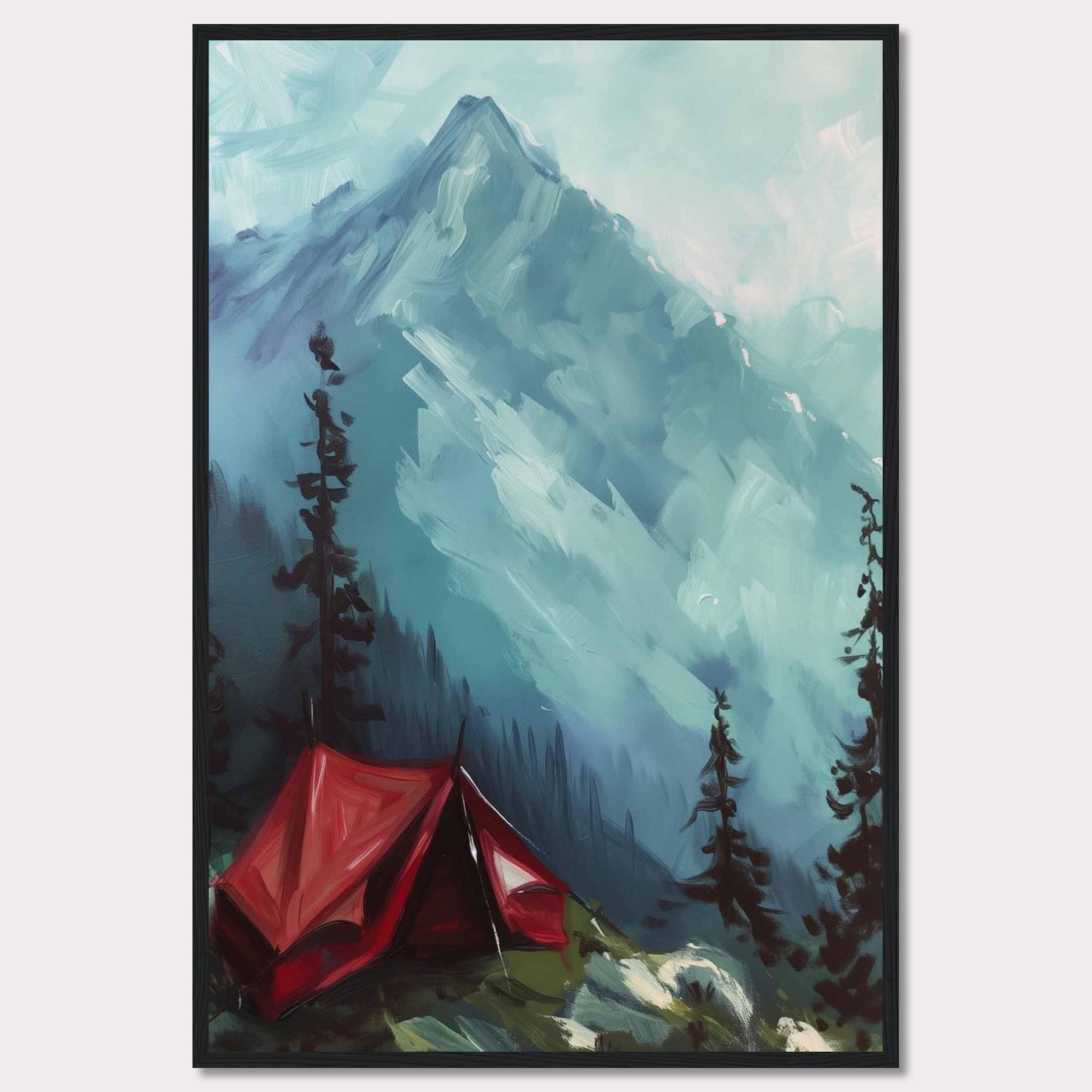 This captivating painting depicts a serene mountain landscape with a vibrant red tent pitched among tall pine trees. The majestic mountain in the background is shrouded in mist, adding a sense of mystery and tranquility to the scene. The contrast between the bold red tent and the cool blue tones of the mountain creates a striking visual effect.