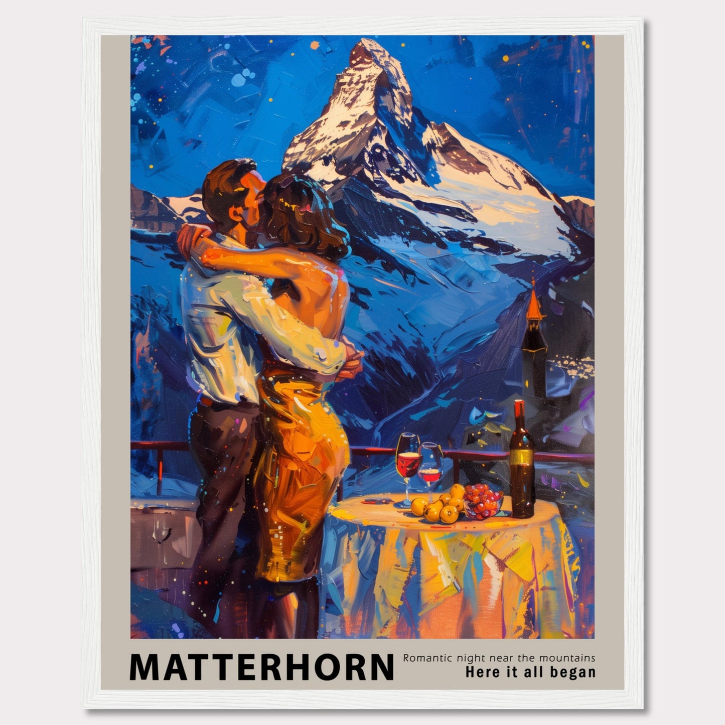 A romantic painting depicting a couple embracing near the Matterhorn mountain.