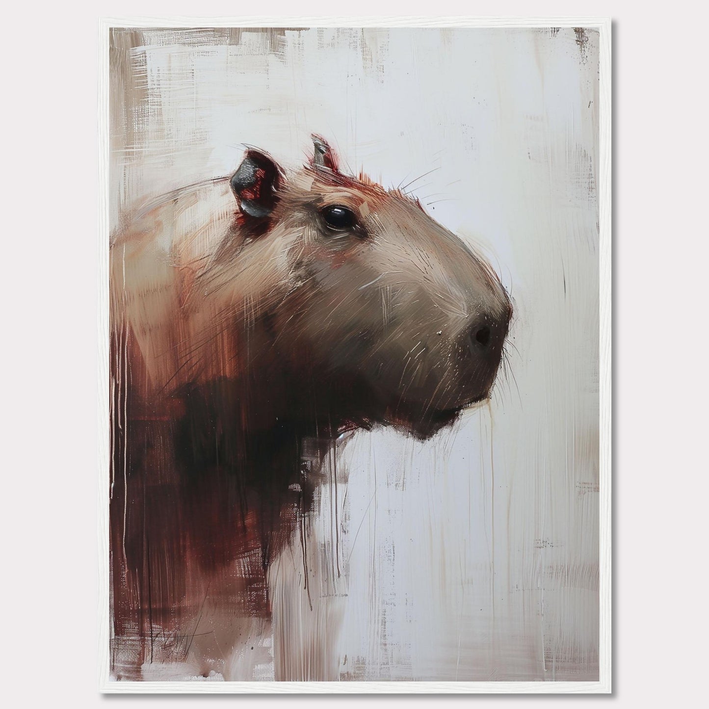 This image showcases a striking painting of a capybara, rendered in a modern, abstract style. The artwork features bold brush strokes and a muted color palette, with the capybara's head turned slightly to the side.