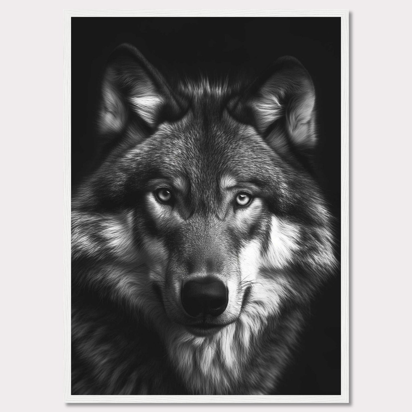 Immerse yourself in the captivating gaze of a majestic wolf with this stunning black and white portrait. The detailed fur, intense eyes, and powerful presence make this artwork a striking addition to any space.