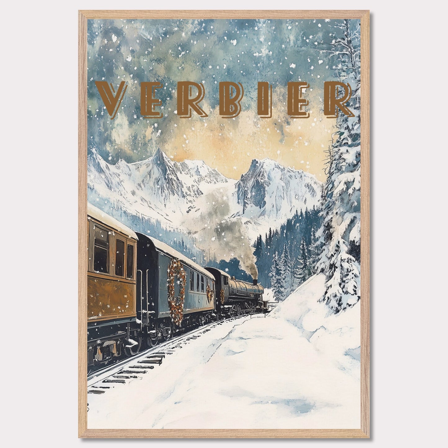 This enchanting winter poster showcases a vintage steam train winding through the snow-covered landscapes of Verbier. The train, adorned with festive wreaths, travels against a backdrop of majestic alpine peaks, tall evergreen trees, and a serene winter sky with softly falling snowflakes. The golden light filtering through the clouds adds a warm, nostalgic glow to the scene, evoking the magic of winter travel.