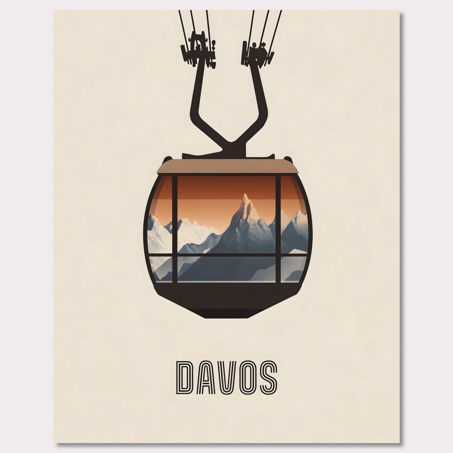 A striking minimalist poster featuring a cable car with a breathtaking view of the Swiss Alps. The warm tones contrast with the cool mountain peaks, evoking the excitement of alpine adventures.