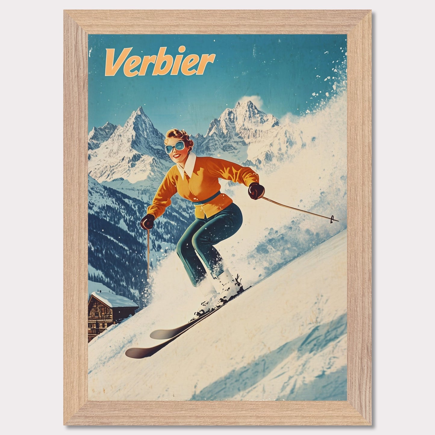 This vibrant retro poster captures the thrilling energy of skiing in Verbier, featuring a skier in a bright orange jacket racing down the slopes. The bright, clear sky contrasts beautifully with the snow-covered terrain and rugged mountain backdrop. The skier’s joyful expression, paired with the iconic Verbier mountains, evokes the excitement and adventure of alpine skiing. The vintage art style adds a timeless touch, bringing out the spirit of winter sports.