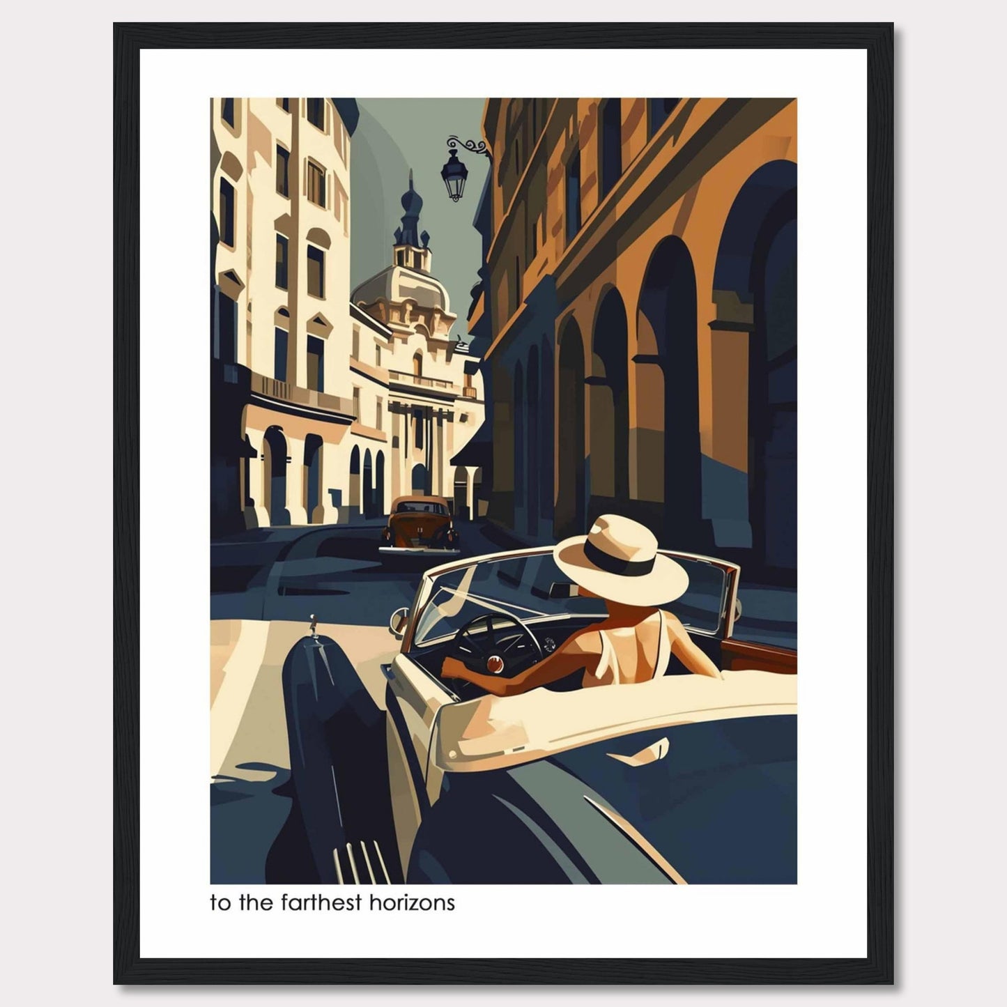 This captivating artwork depicts a stylish individual driving a vintage car through a charming, sunlit European street. The scene is filled with architectural beauty, showcasing classic buildings and a serene atmosphere.